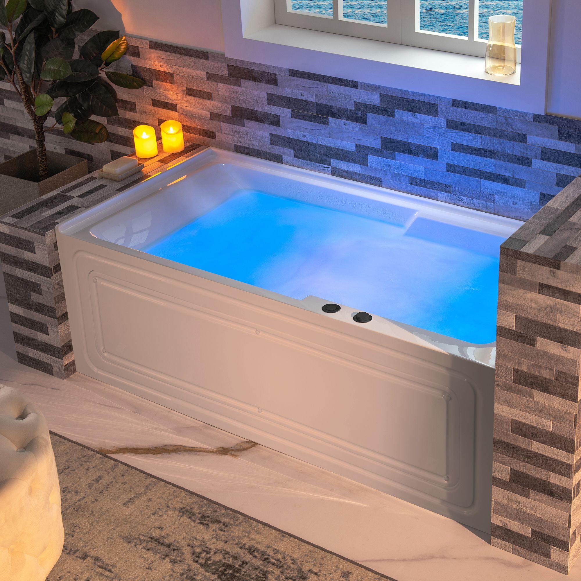 60" x 30" Whirlpool Heated Rectangular Alcove Acrylic Bathtub with Chrome/Matte Black Drain and Overflow