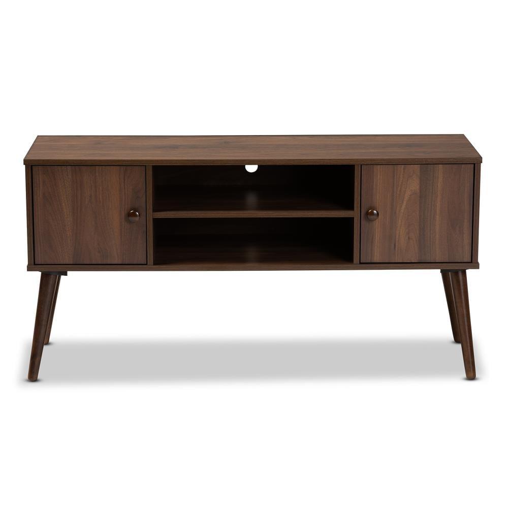 Alard 2 Door Wood TV Stand for TVs up to 50" Walnut - Baxton Studio: Mid-Century Modern Media Console with Fixed Shelves