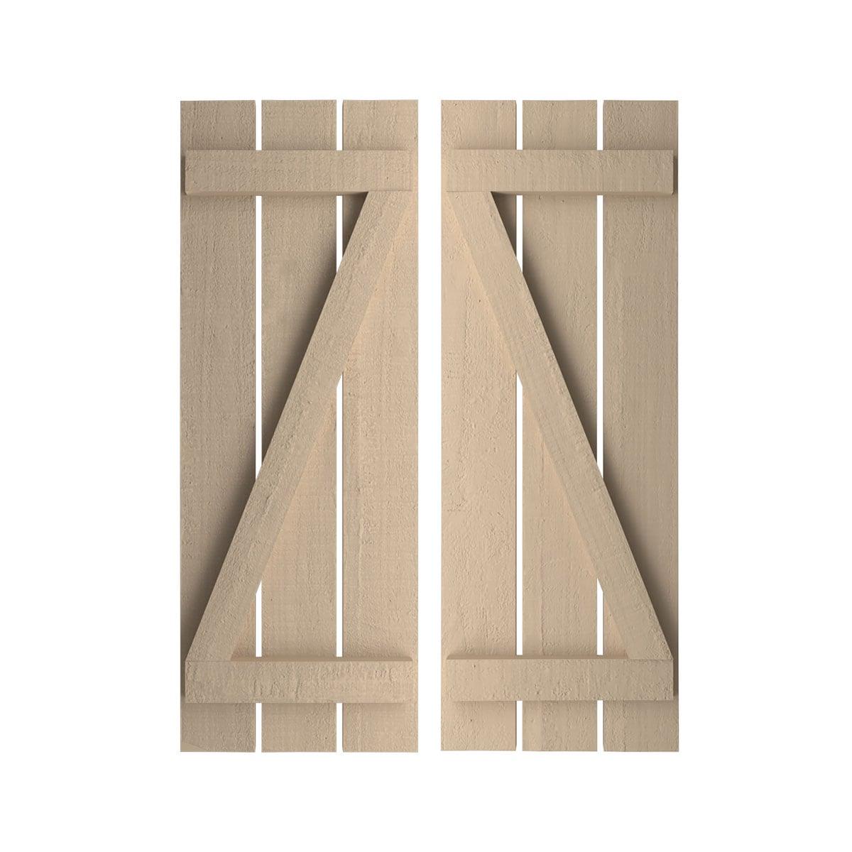 Ekena Millwork 17 1/2"W x 68"H Rustic Three Board Spaced Board-n-Batten Rough Cedar Faux Wood Shutters w/Z-Board (Per Pair), Primed Tan