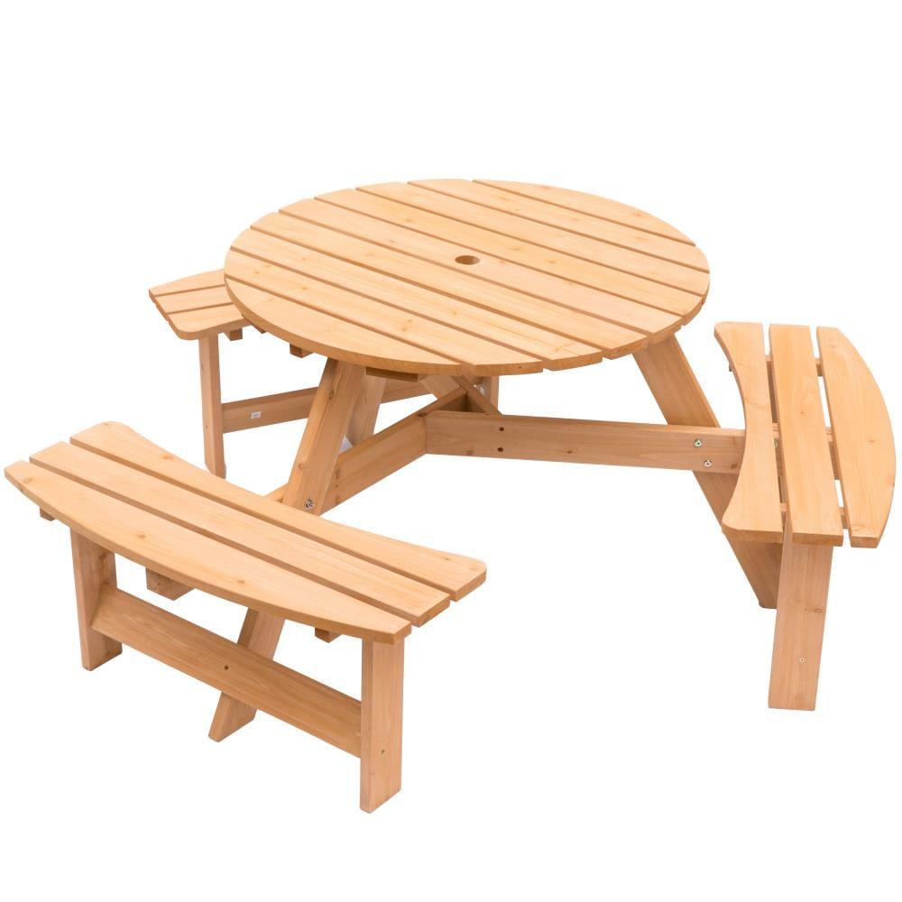 Gardenised Wooden Outdoor Round Picnic Table with Bench for Patio, 6- Person with Umbrella Hole - Stained