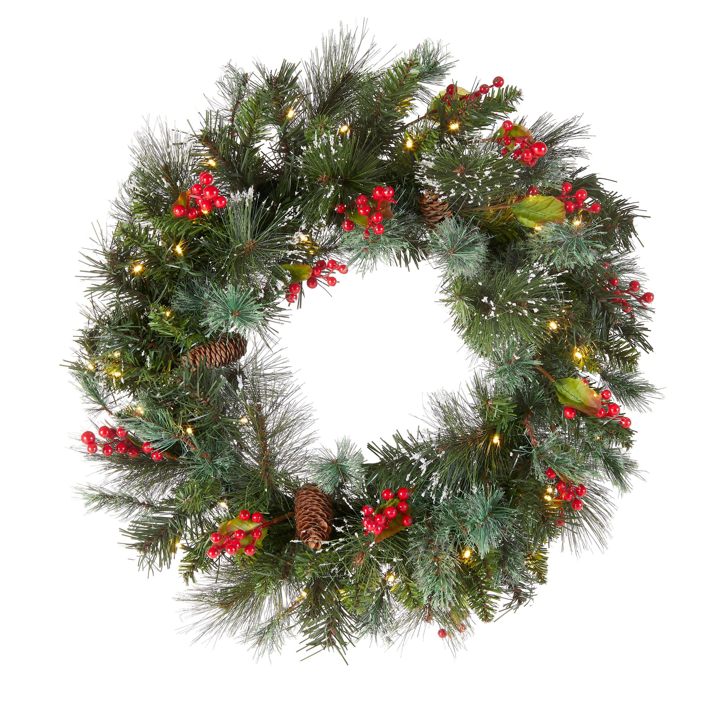24" Prelit Wintry Pine Christmas Wreath with Cones and Berries White Lights - National Tree Company