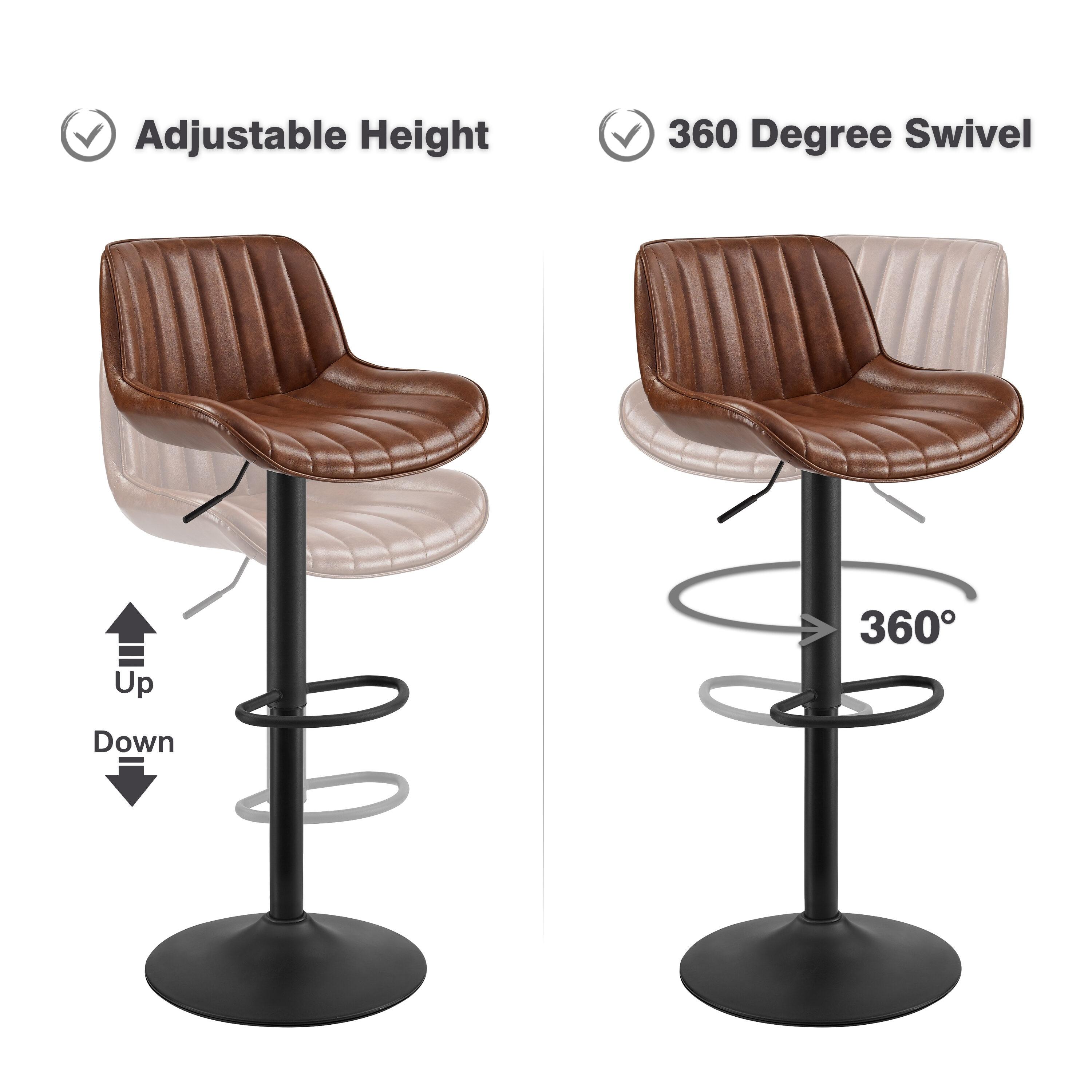 Art Leon Rustic Bar Stools Set of 2, Faux Leather with Backrest Chrome Legs, Upholstered Swivel Kitchen Stools, Cognac