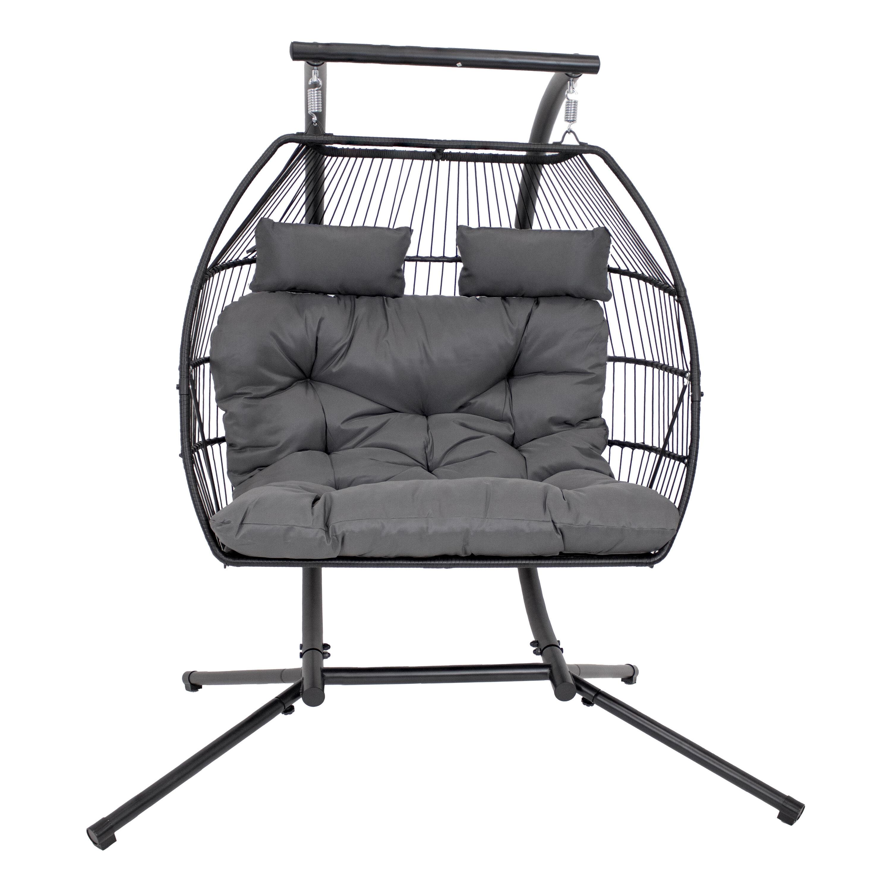 Sunnydaze Outdoor Andrei Double Egg Chair with Steel Stand and Polyester Cushion - Dark Gray - 74"