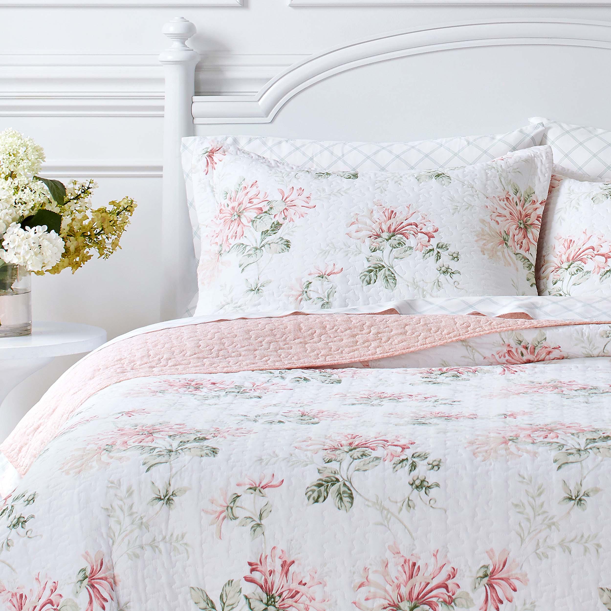 Laura Ashley Laura Ashley Honeysuckle Cotton Reversible Pink Quilt Set