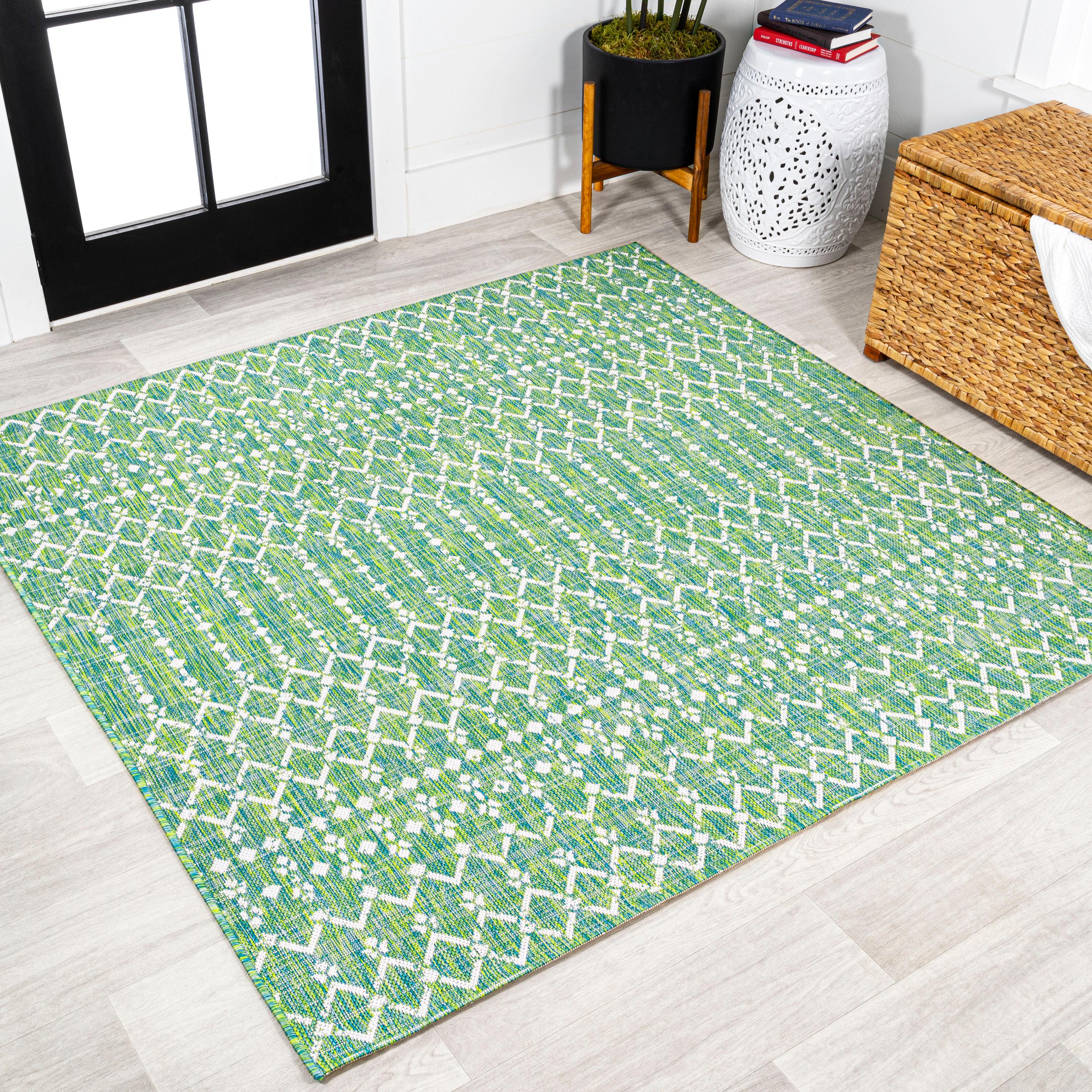 5' x 5' Ourika Moroccan Geometric Textured Weave Indoor/Outdoor Area Rug, Ivory/Green - JONATHAN Y