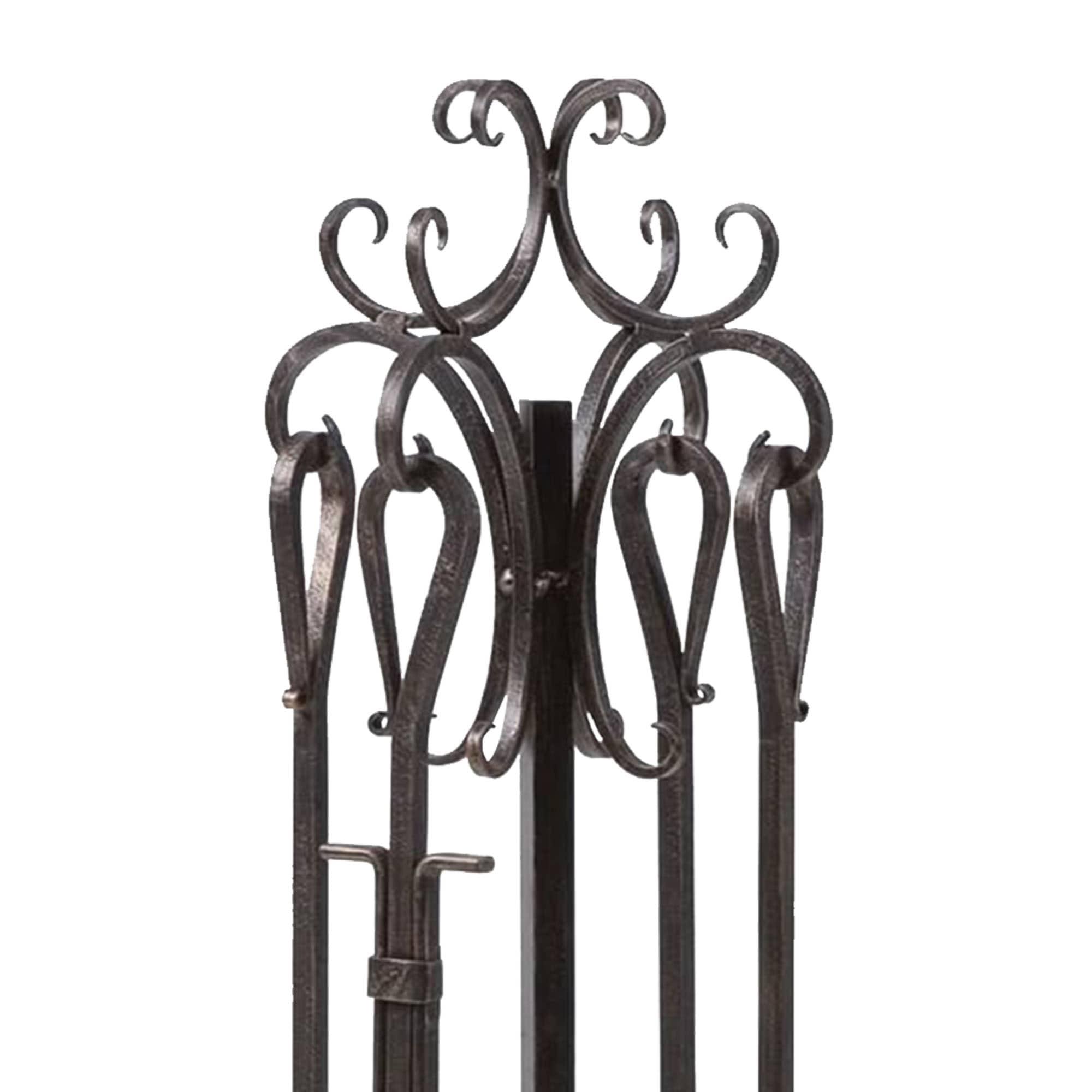 Panacea 5 Piece Powder Coated Steel Scroll Top Fireplace Accessory Tool Set with Brush, Tongs, Shovel, Poker, and Stand, Bronze