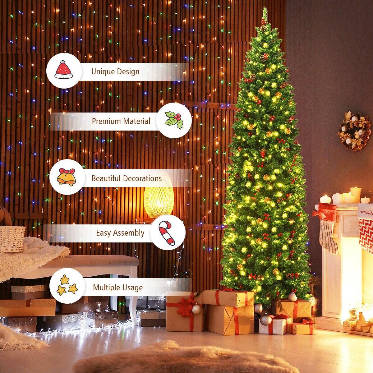 Costway 7.5Ft Pre-lit Hinged Pencil Christmas Tree w/Pine Cones Red Berries & 350 Lights