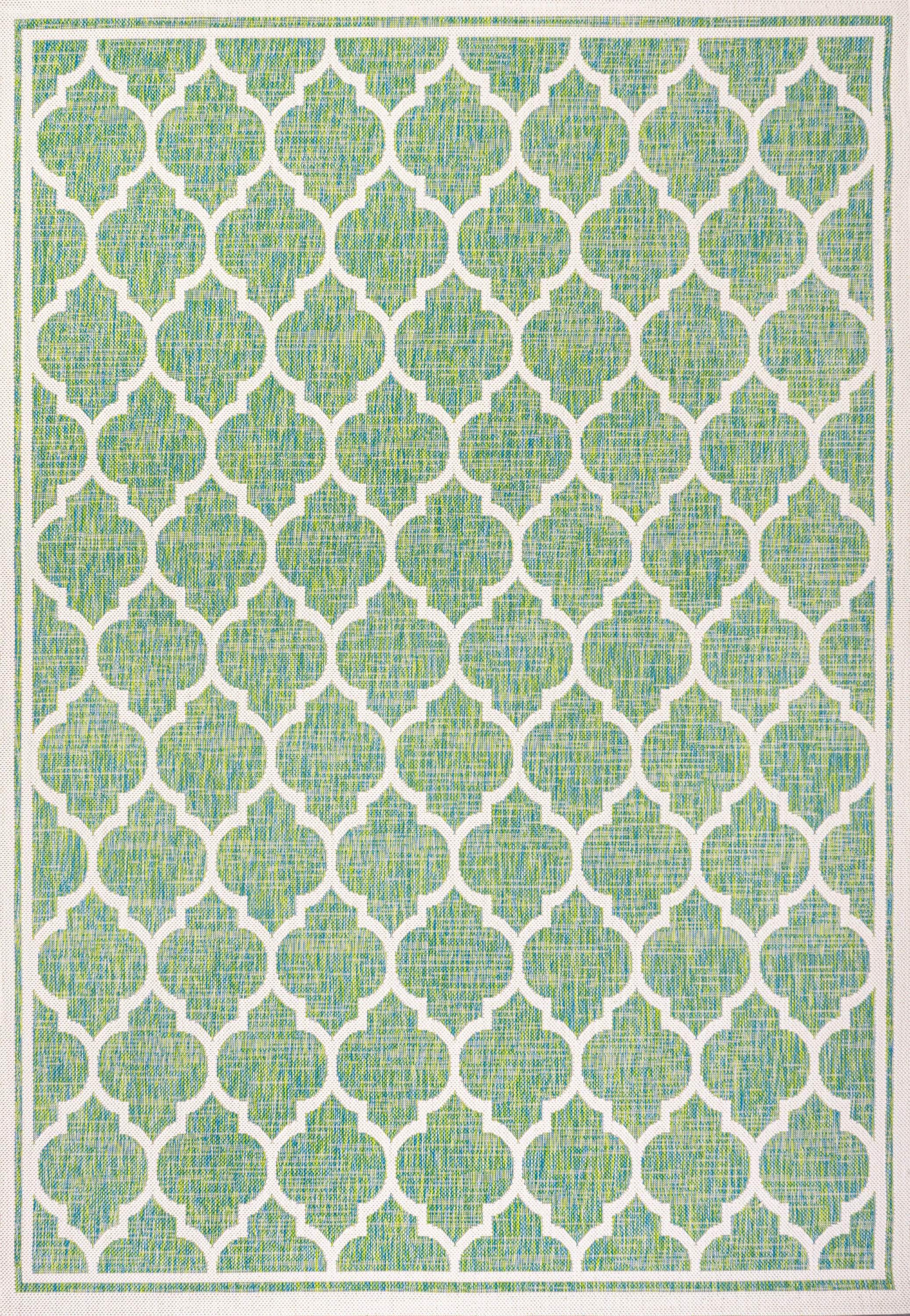 3' x 5' Trebol Moroccan Trellis Textured Weave Indoor/Outdoor Area Rug, Cream/Green - JONATHAN Y