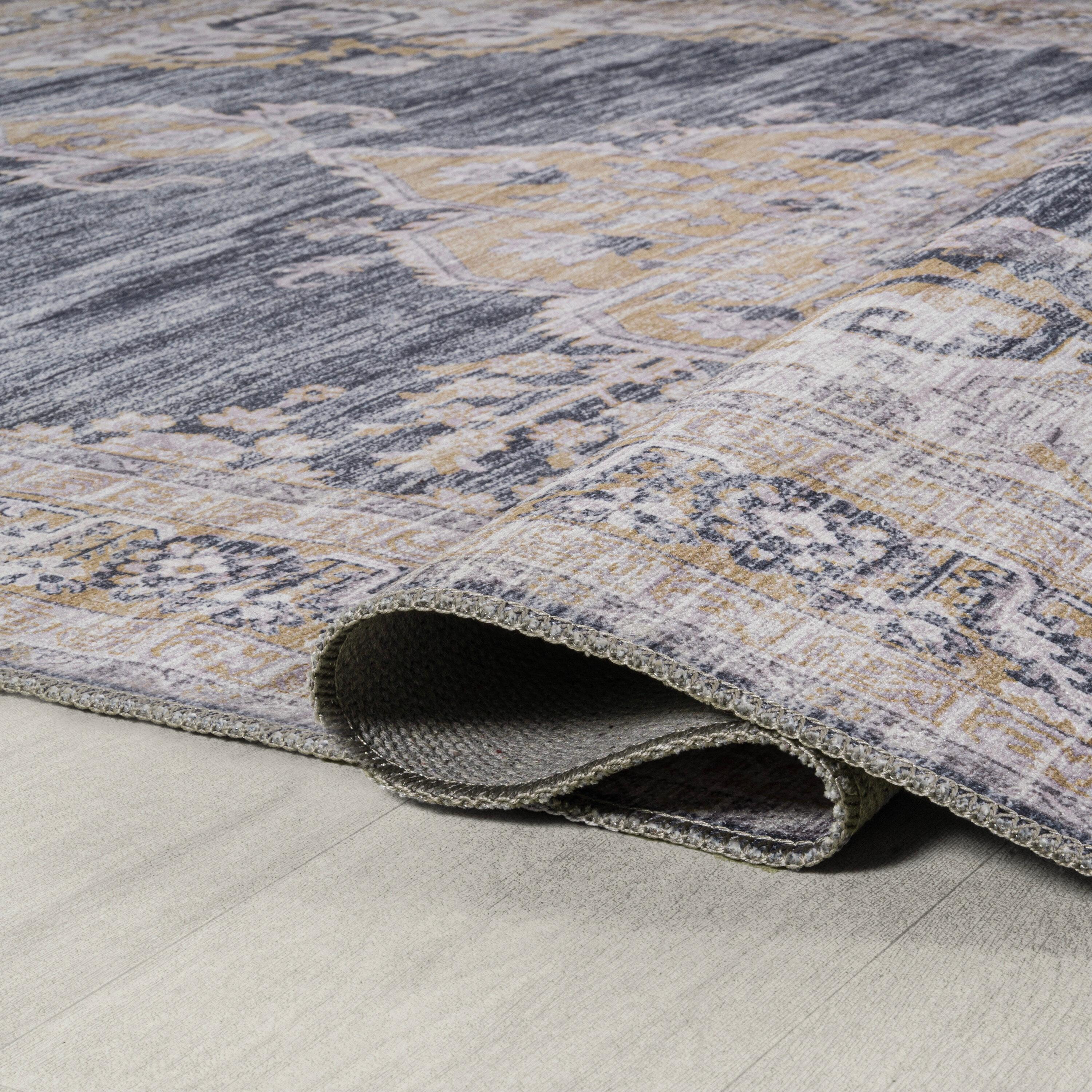 Wincer Chenille Cottage Medallion Machine-Washable Dark Gray/Yellow 3 ft. x 5 ft. Area Rug - JONATHAN Y