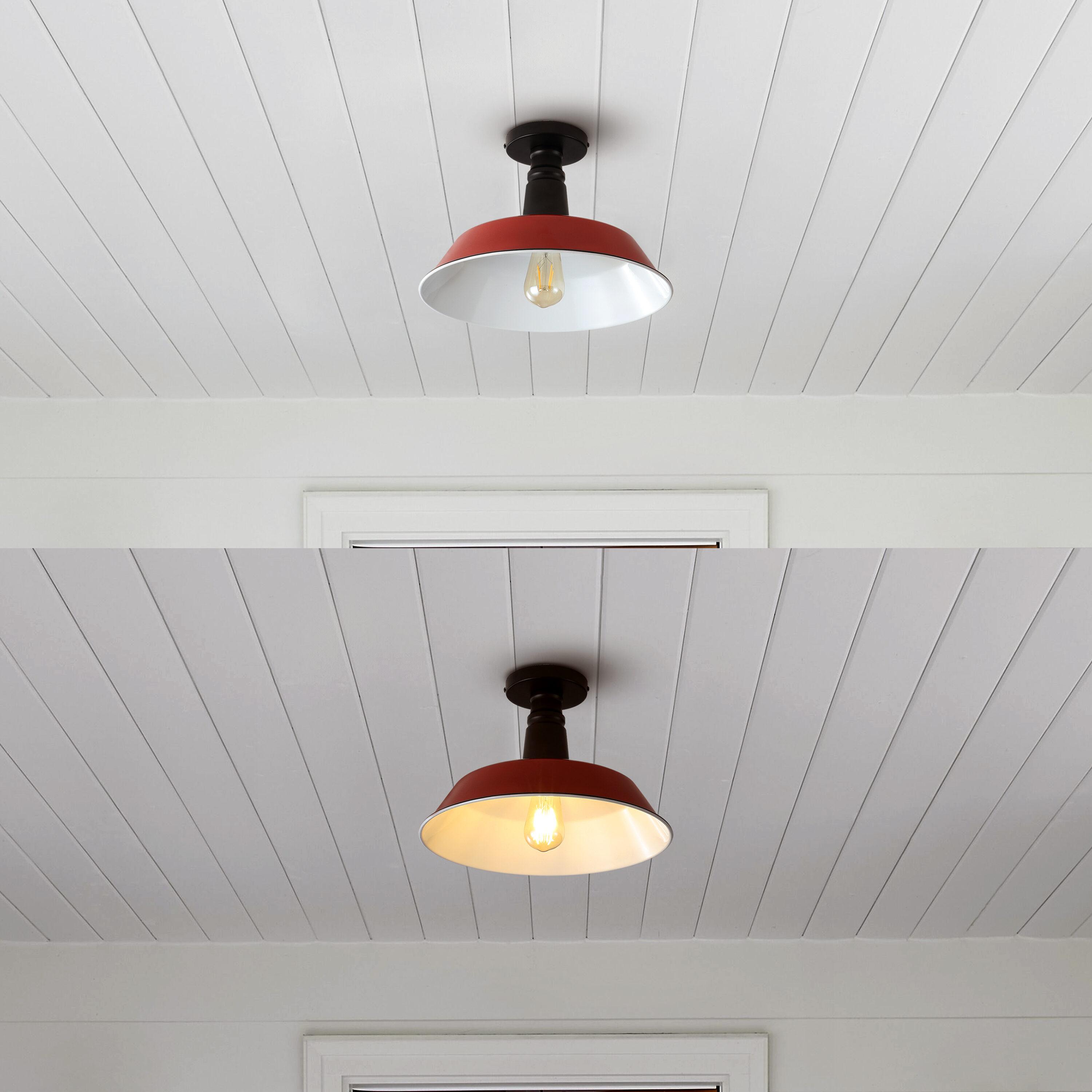 Camila 14" 1-Light Classic Industrial Indoor/Outdoor Iron LED Semi Flush Mount, Red/White