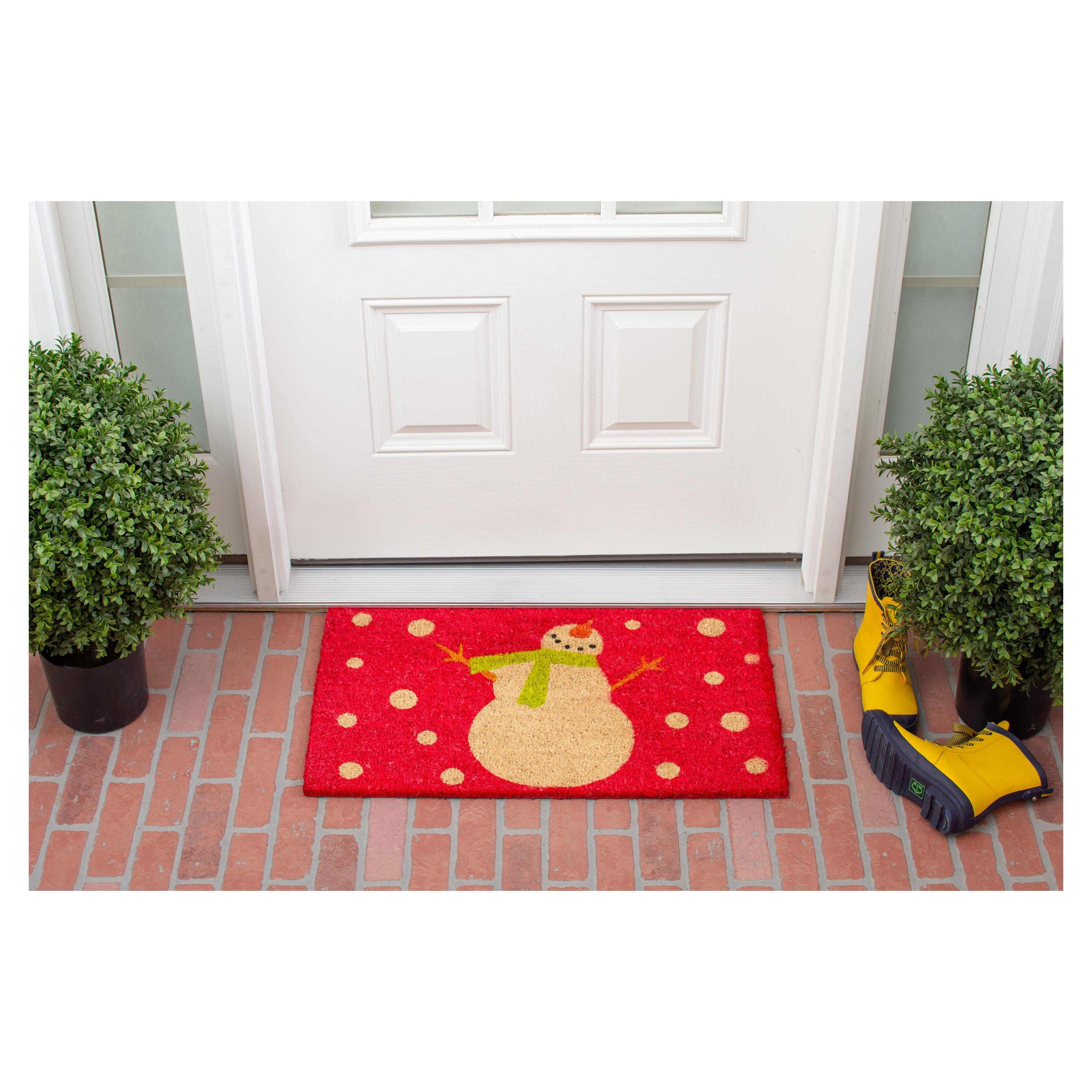 Festive Red and Green Coir Snowman Outdoor Christmas Doormat