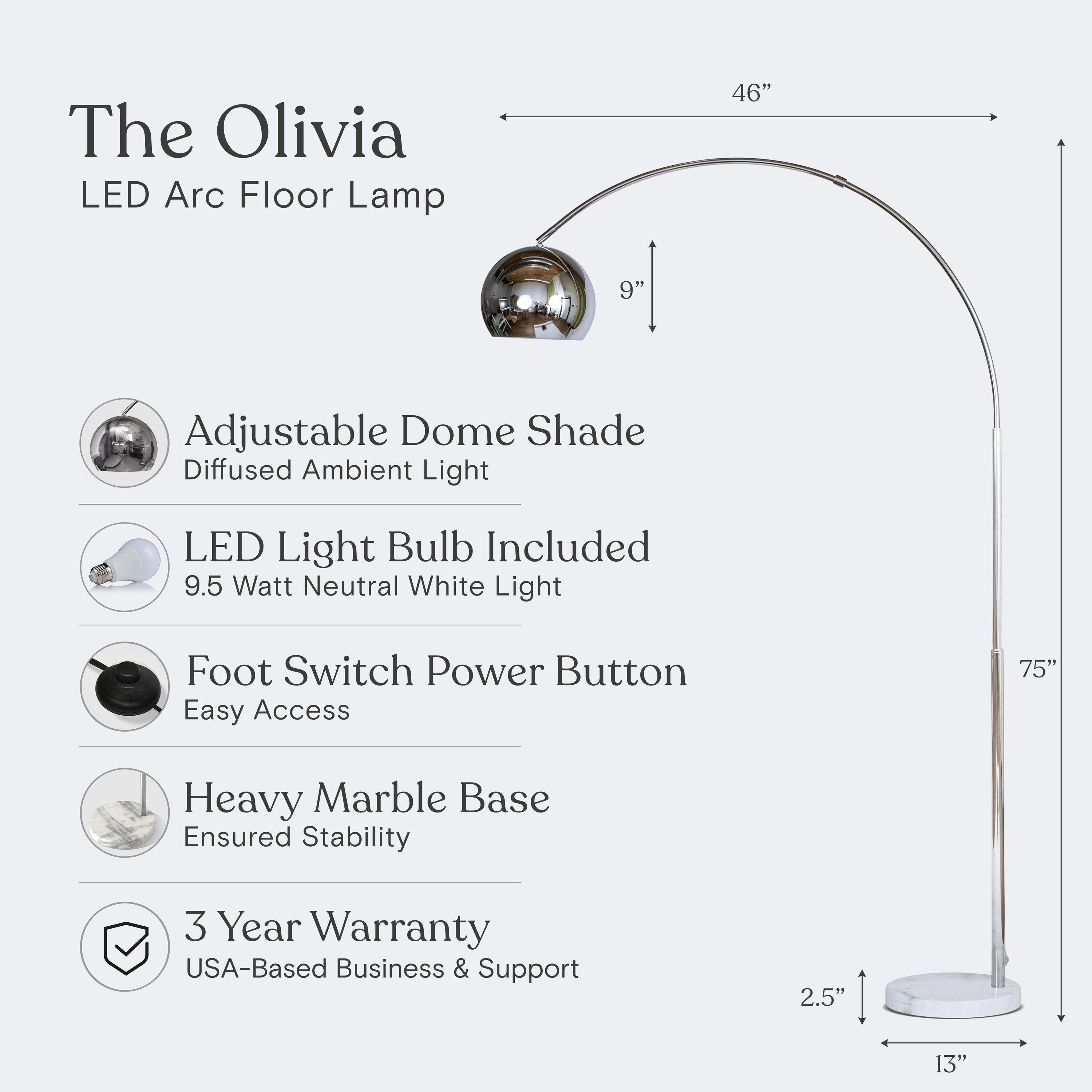 Brightech Olivia 75" Modern Industrial LED Arc Floor Lamp with Silver Chrome Finish, White Marble Base, and Metal Bowl Shade, Bulb Included
