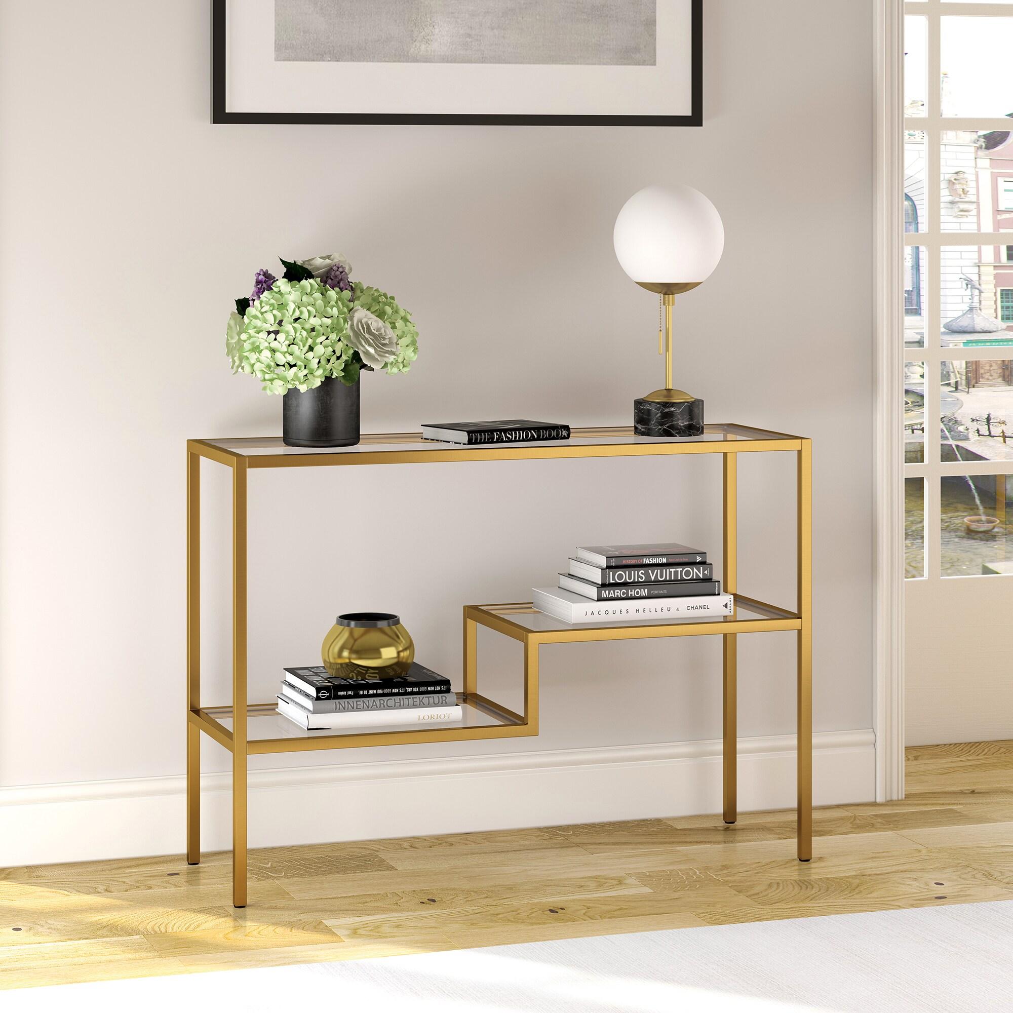 Brass and Glass Console Table with Storage Shelves