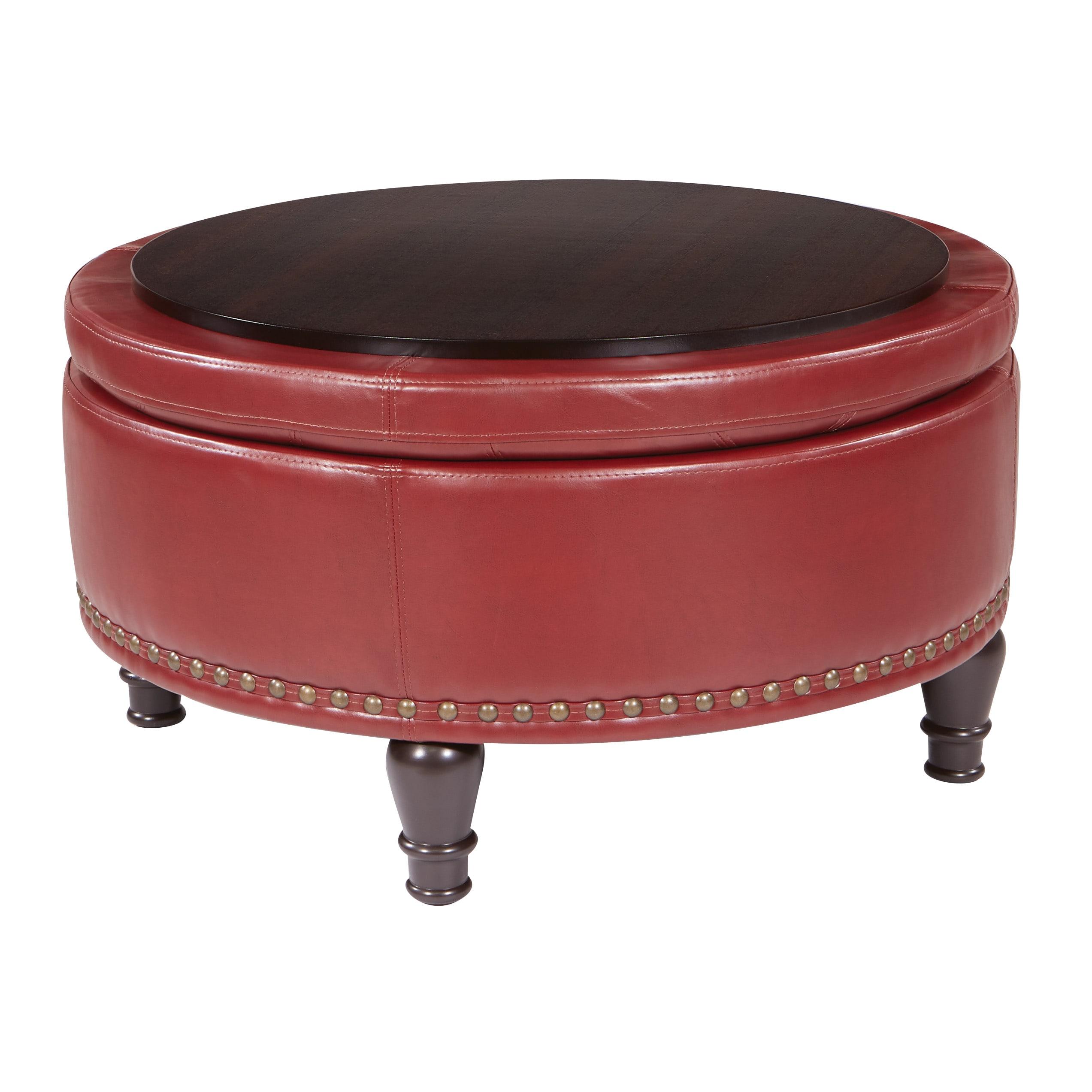 OSP Home Furnishings Augusta Round Storage Ottoman in Crimson Red Bonded Leather with Decorative Nailheads