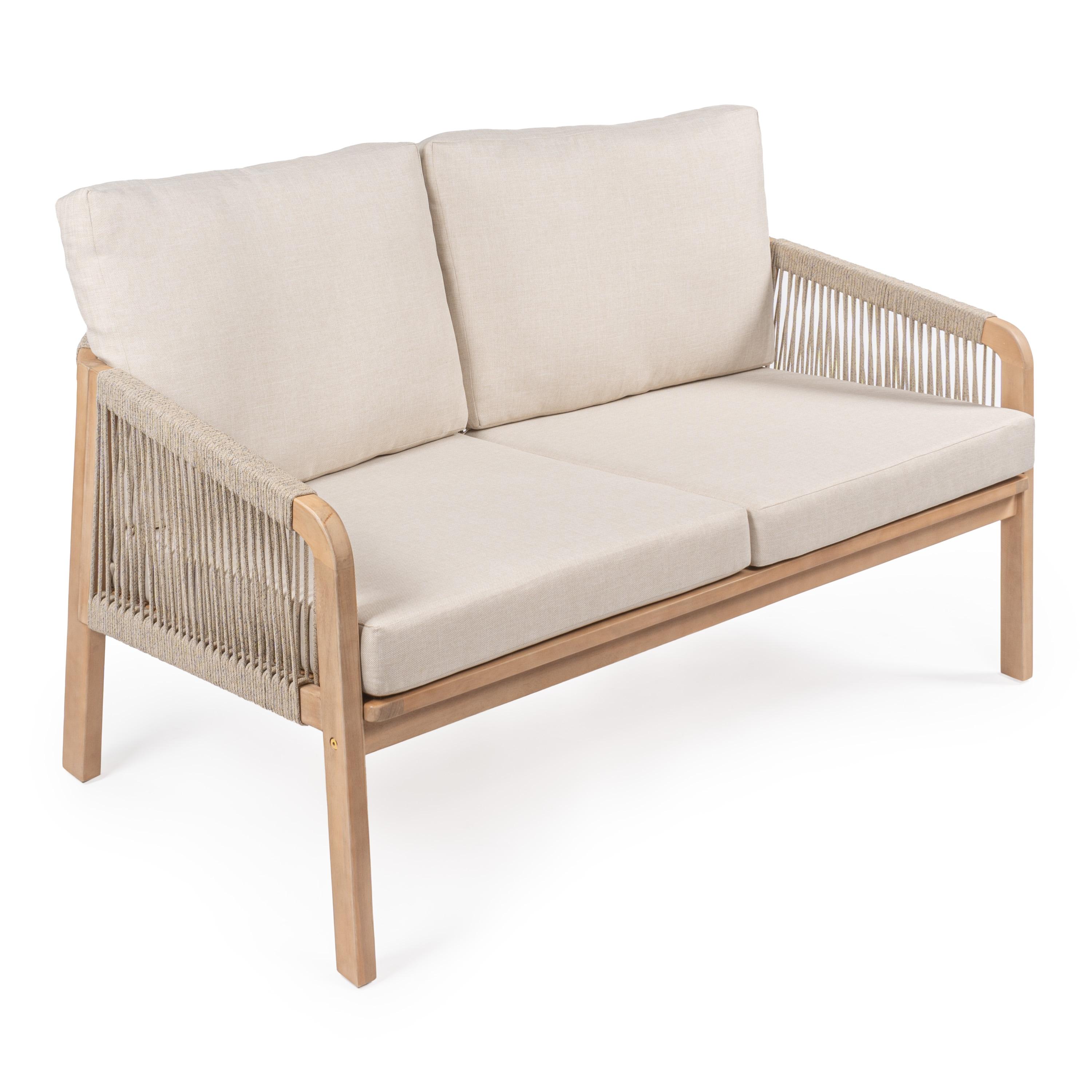 Arwen Modern Bohemian Roped Acacia Wood Outdoor Loveseat with Cushions, Beige/Light Teak - JONATHAN Y