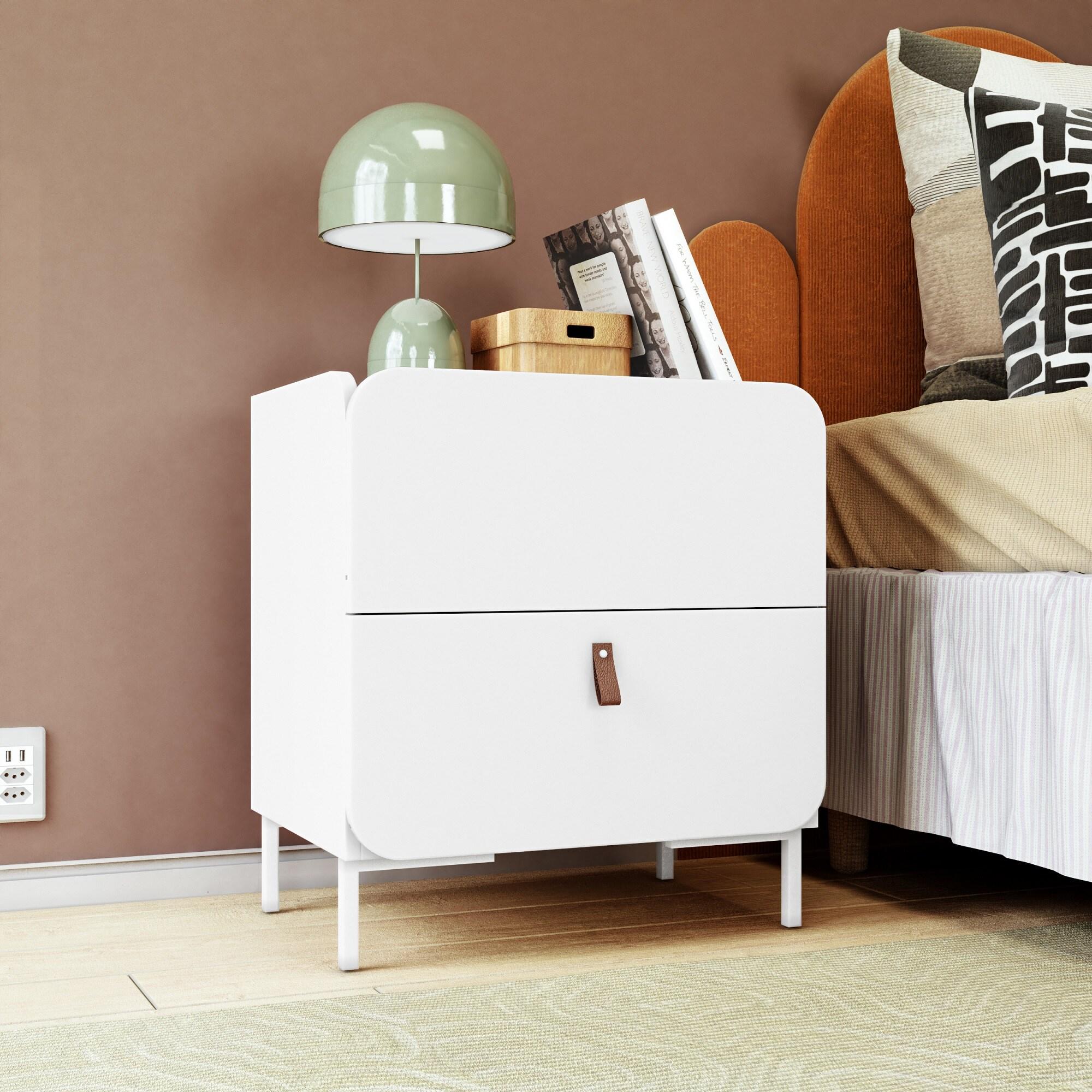 Manhattan Comfort Set of 2 Bogardus Mid Century Modern Nightstands White: Rounded Drawer, Leather Pull, Particle Board