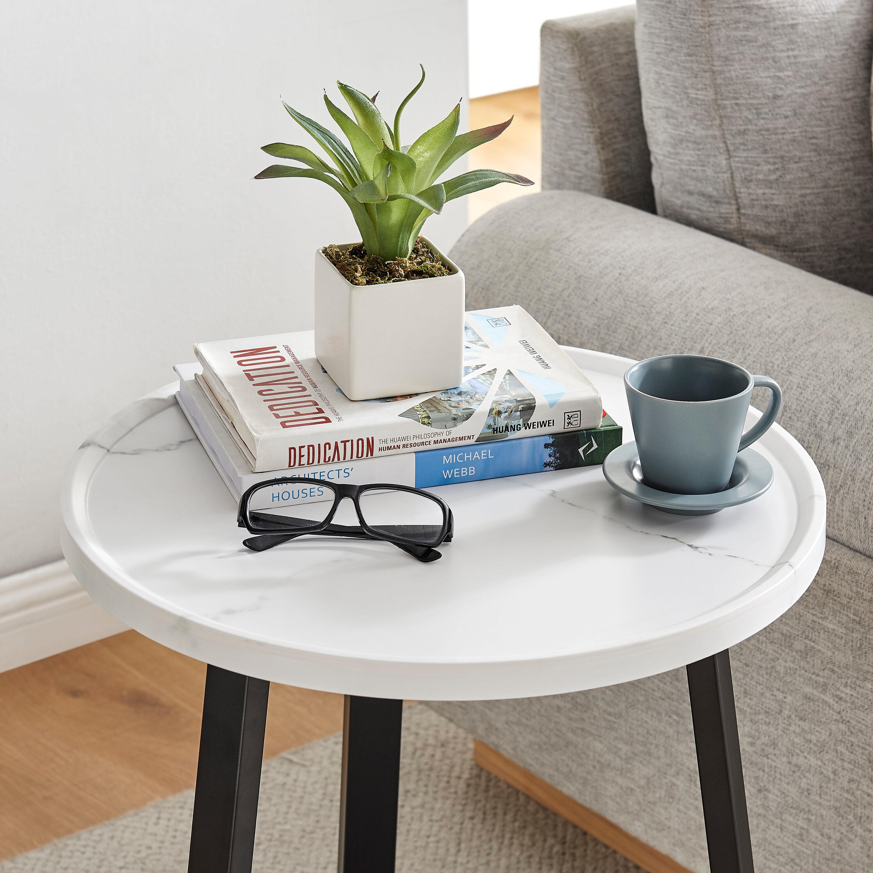 Danya B. 23.3"x19.7" Harper Round Mid-Century Side Accent Table with Modern Pedestal Legs White Marble/Black: Chic Furniture for Living Room