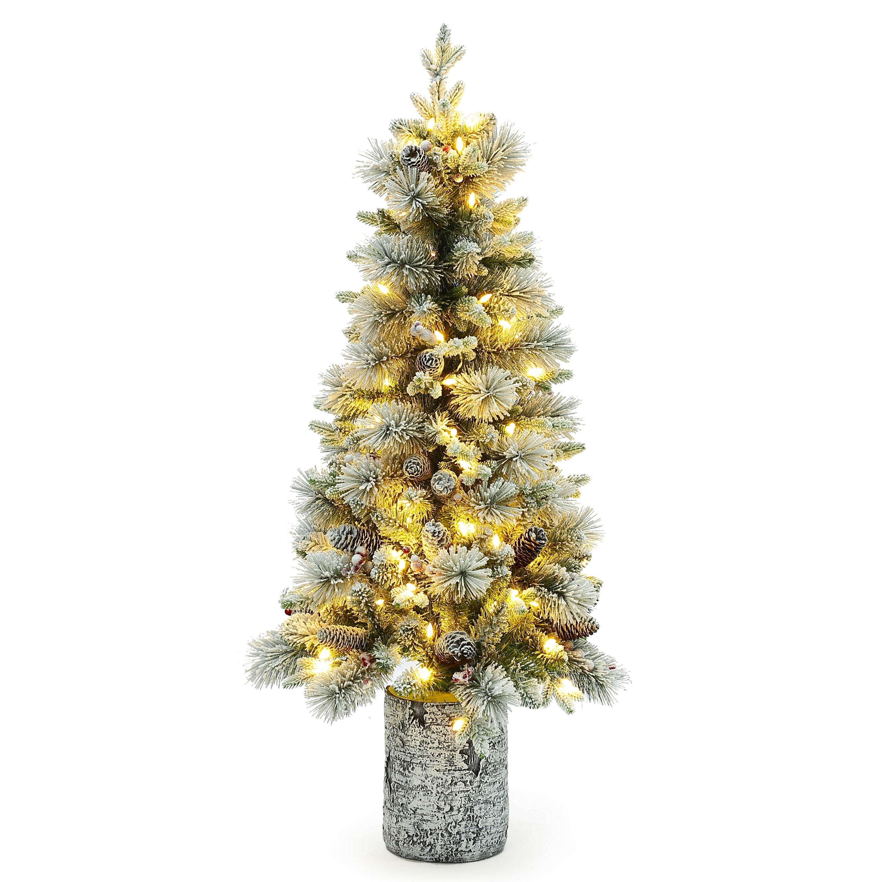 LuxenHome 4' Pre-Lit Green Flocked Potted Artificial Christmas Tree