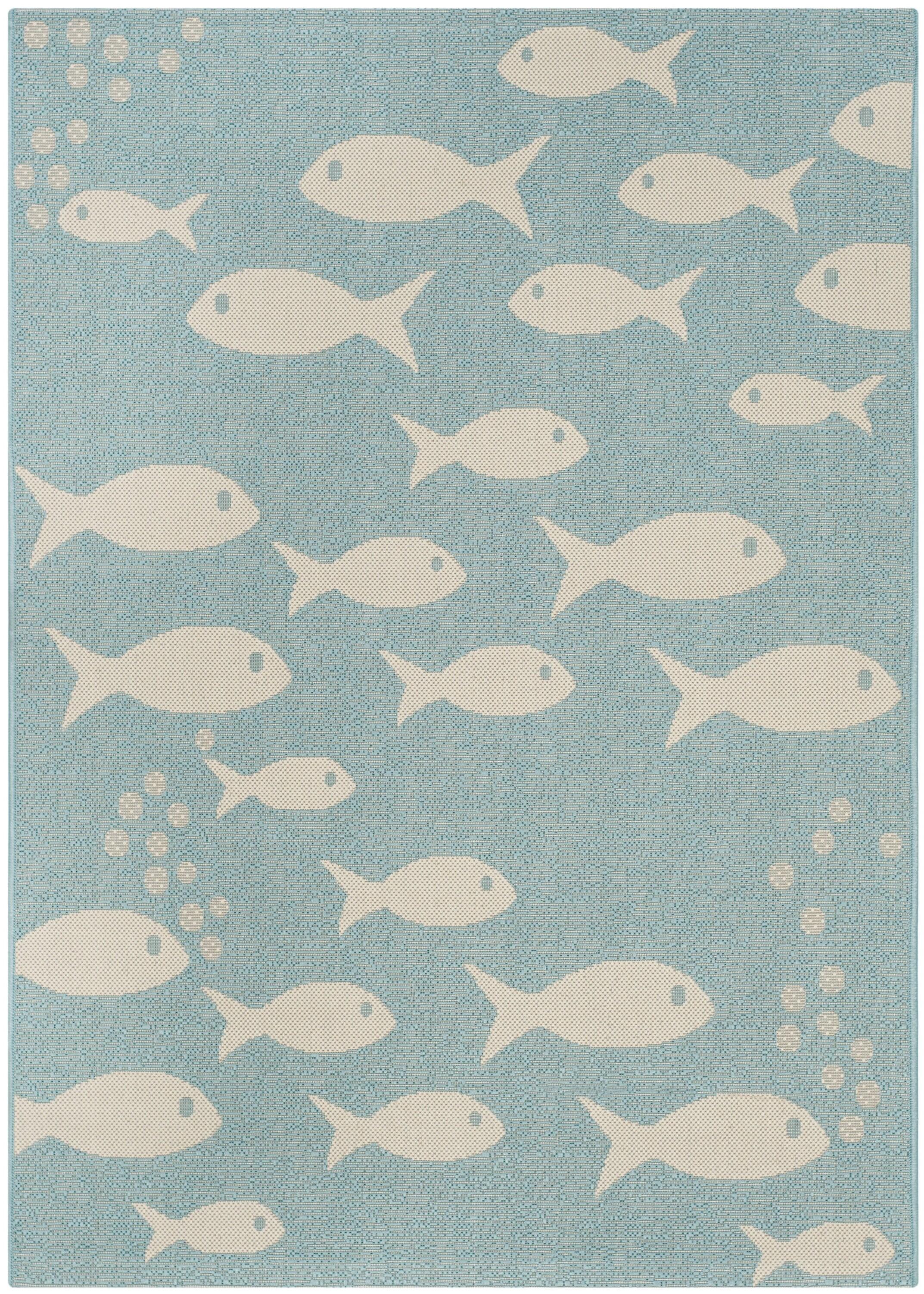 SAFAVIEH Courtyard Trena Fish Print Indoor/Outdoor Area Rug, 2'7" x 5', Aqua/Beige