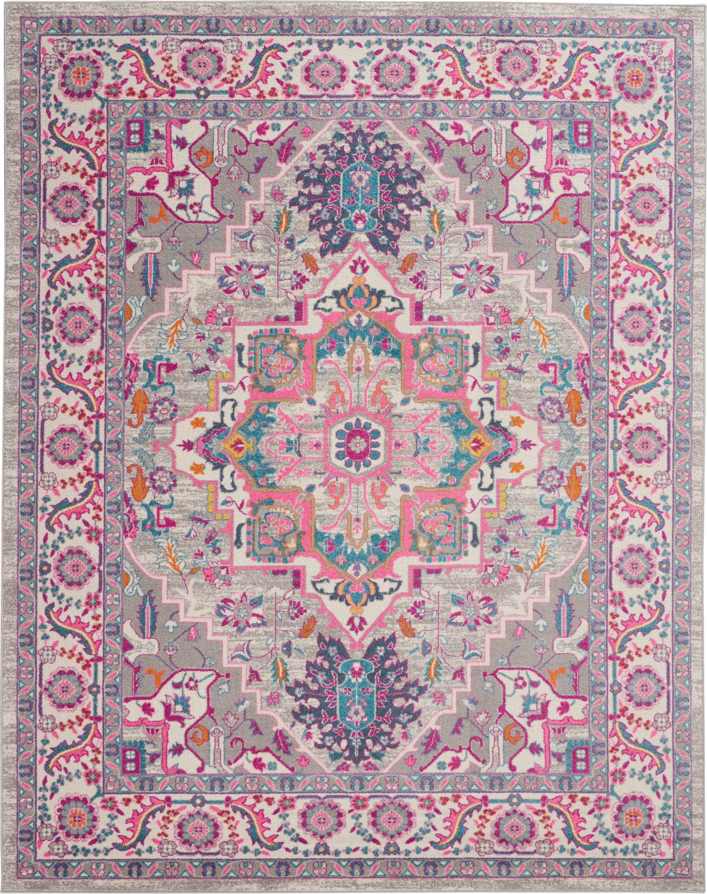 Nourison Passion Colorful Center Medallion Area Rug Light Grey/Pink 8' x 10'