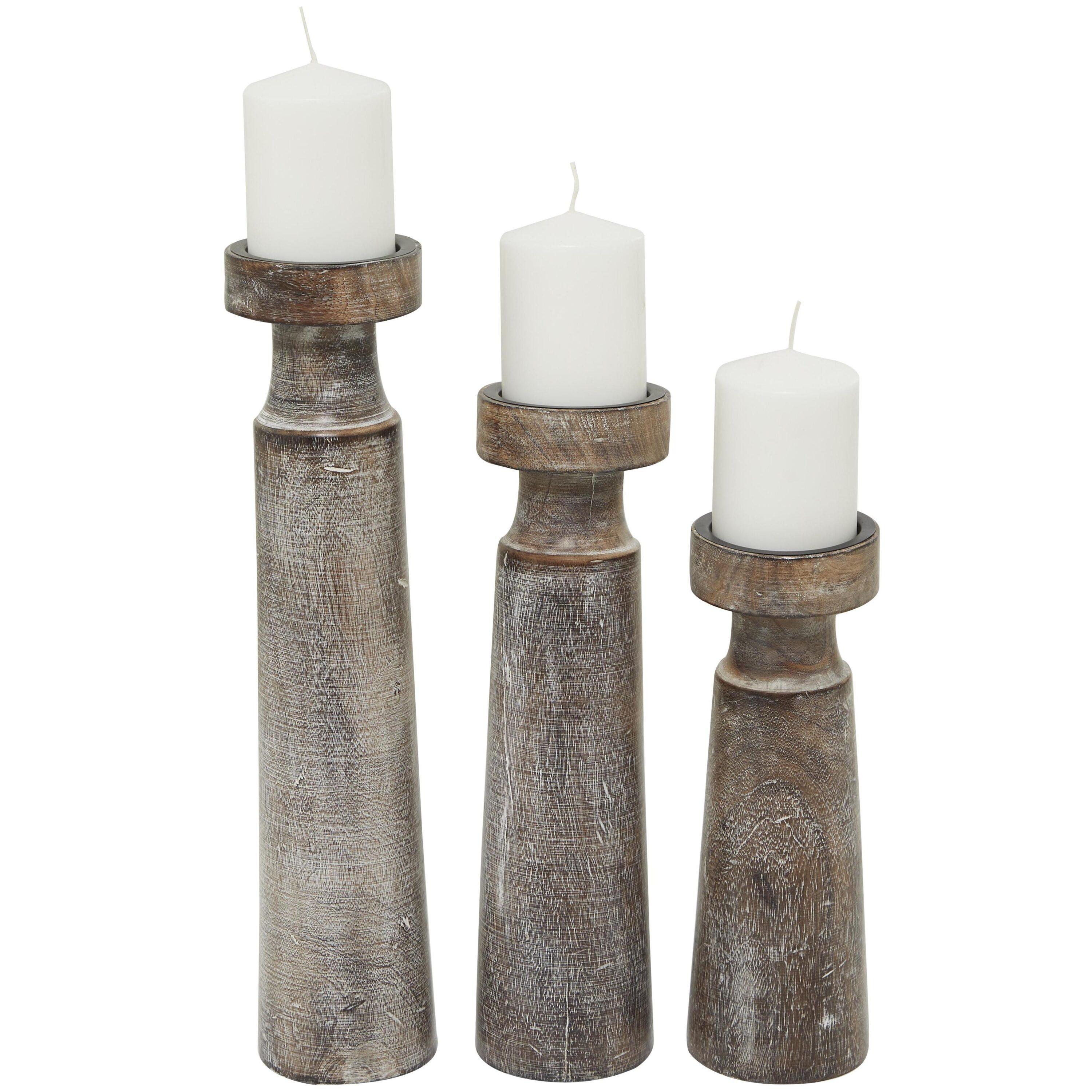 Olivia & May Set of 3 Rustic Cylindrical Mango Wood Candle Holders Brown: Modern Decor, Fits Pillar Candles