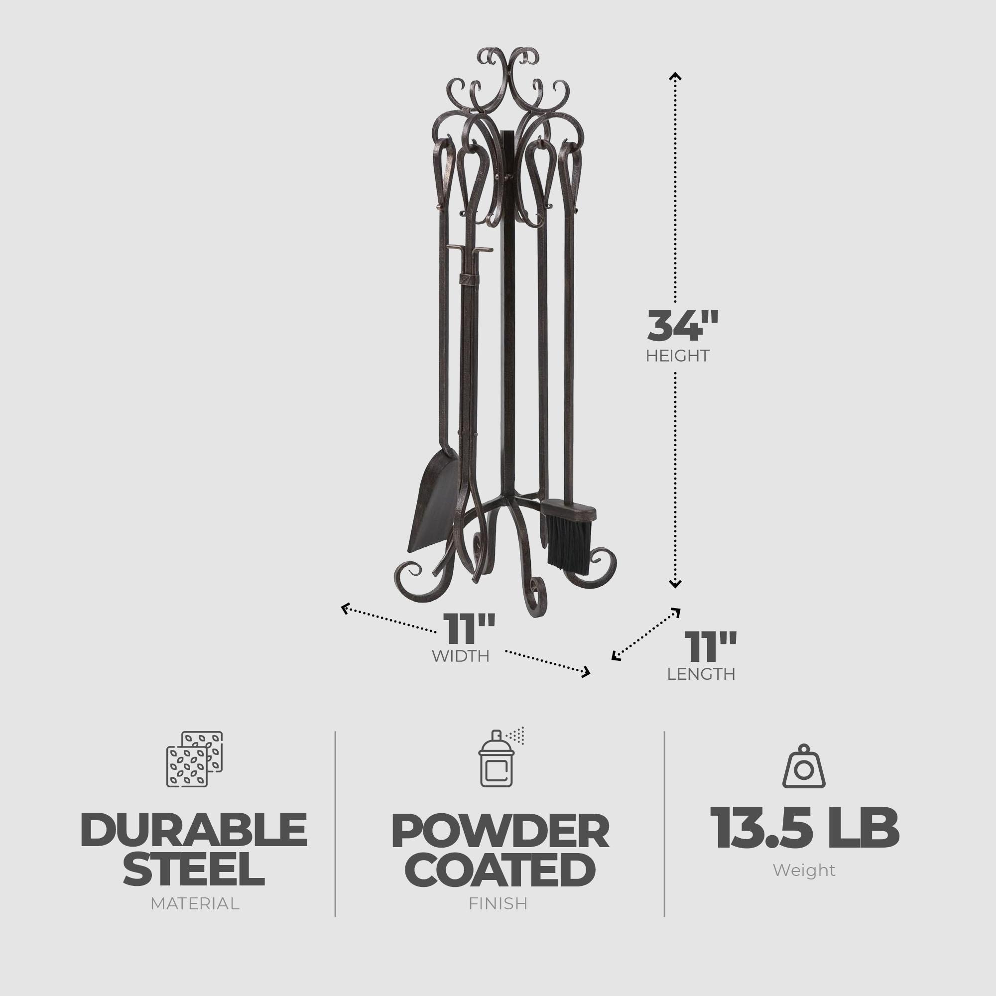 Panacea 5 Piece Powder Coated Steel Scroll Top Fireplace Accessory Tool Set with Brush, Tongs, Shovel, Poker, and Stand, Bronze