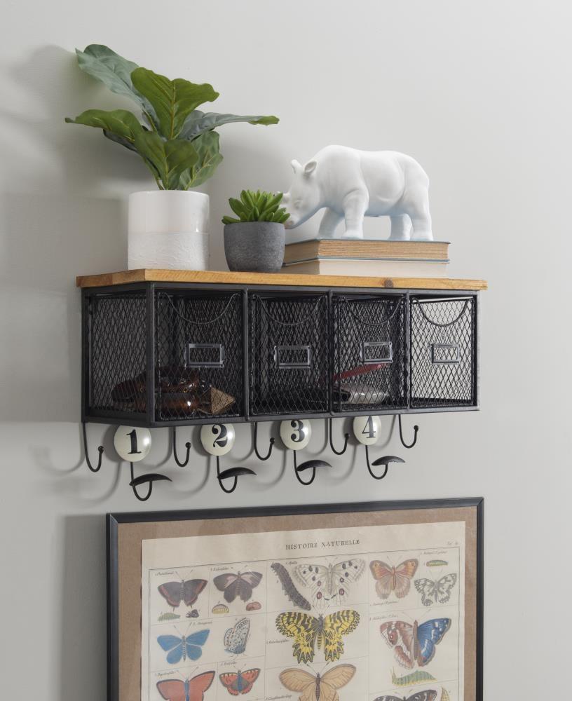 Wall Organizer with 4 Metal Baskets and Wood Top Hooks for Entryway Storage