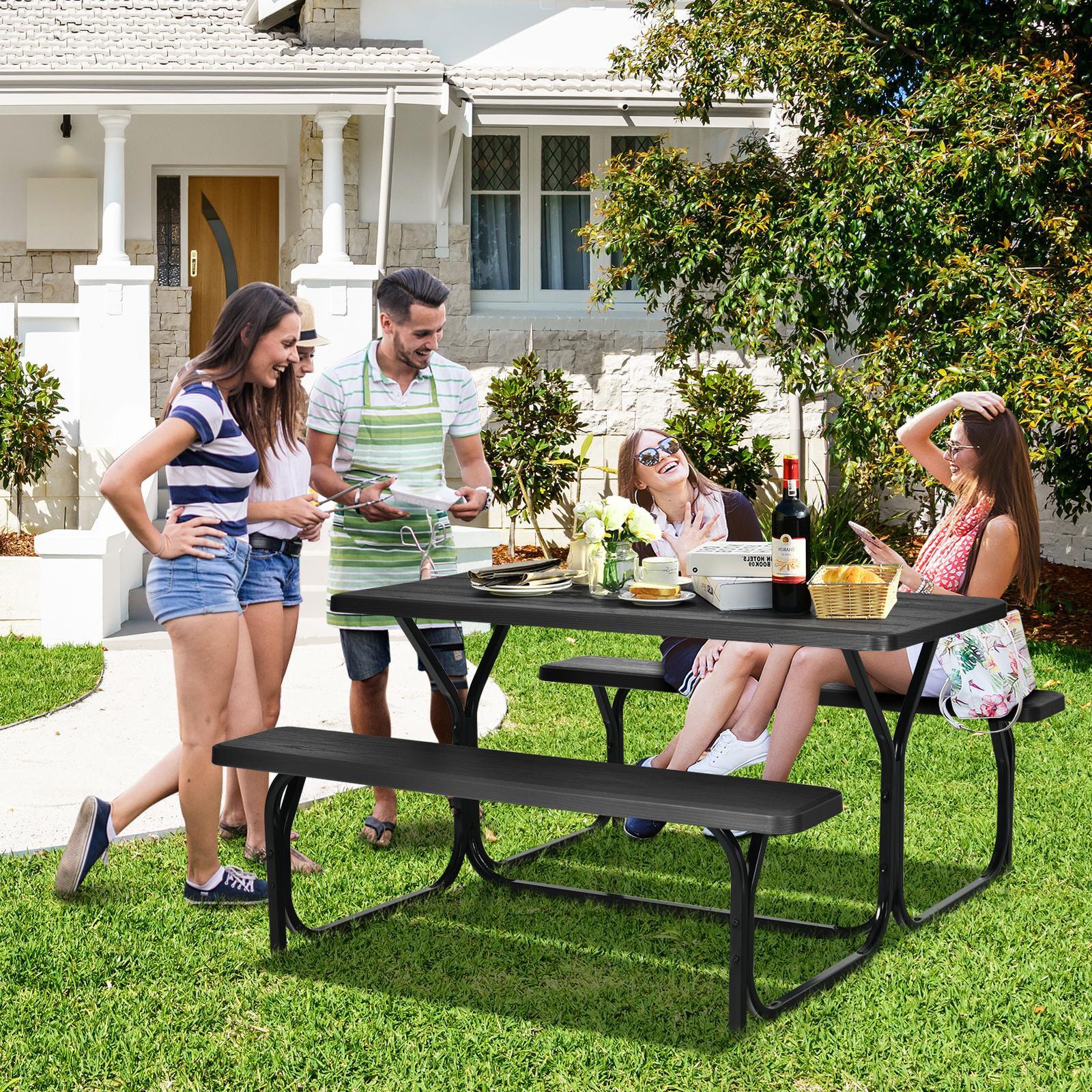Costway Picnic Table Bench Set Outdoor Backyard Iron Patio Garden Party Dining All Weather Black
