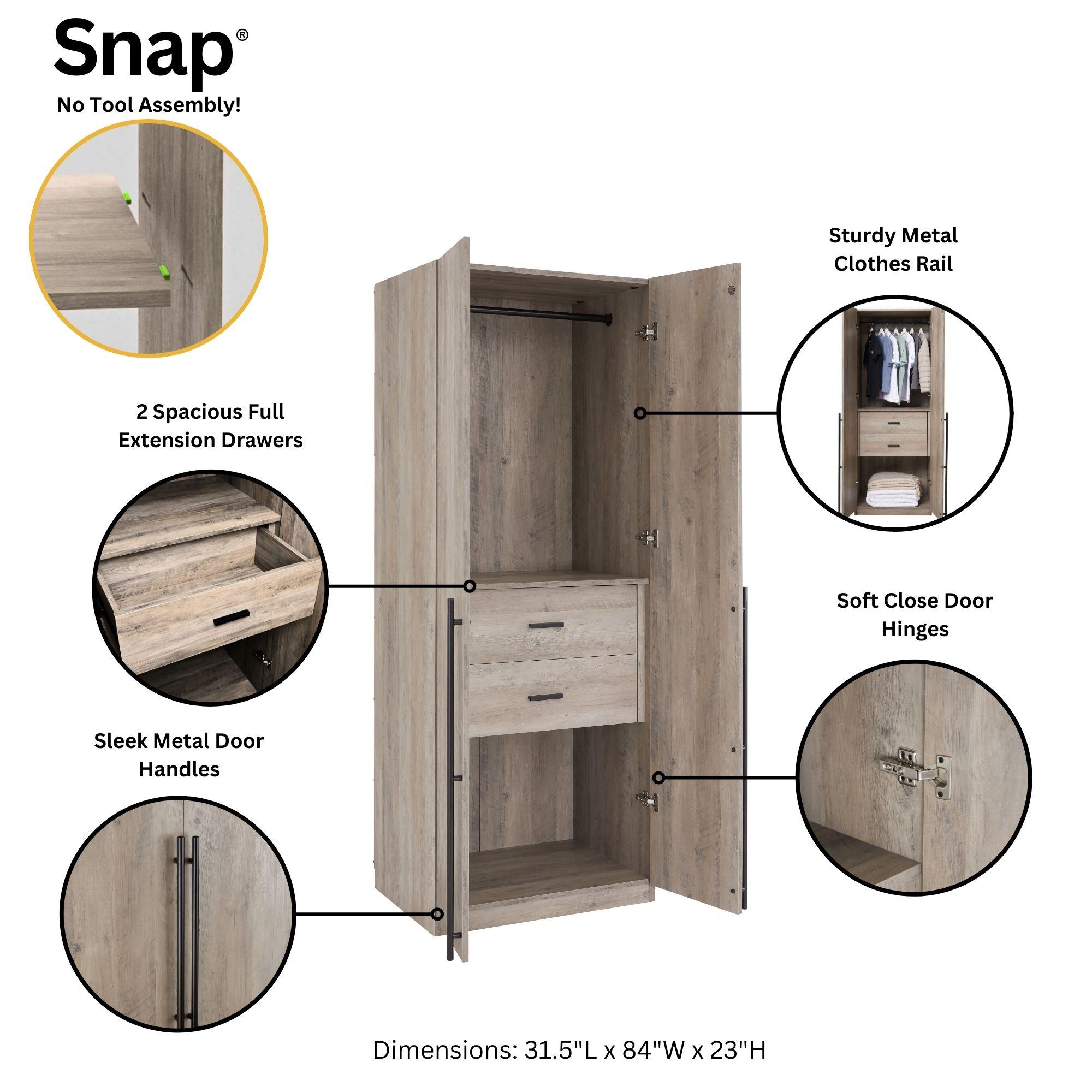 Manhattan Comfort 2pc Lee 4 Door Module Wardrobe Rustic Gray: Modern Style, MDF, Metal Hardware, 5 Shelves, 2 Drawers