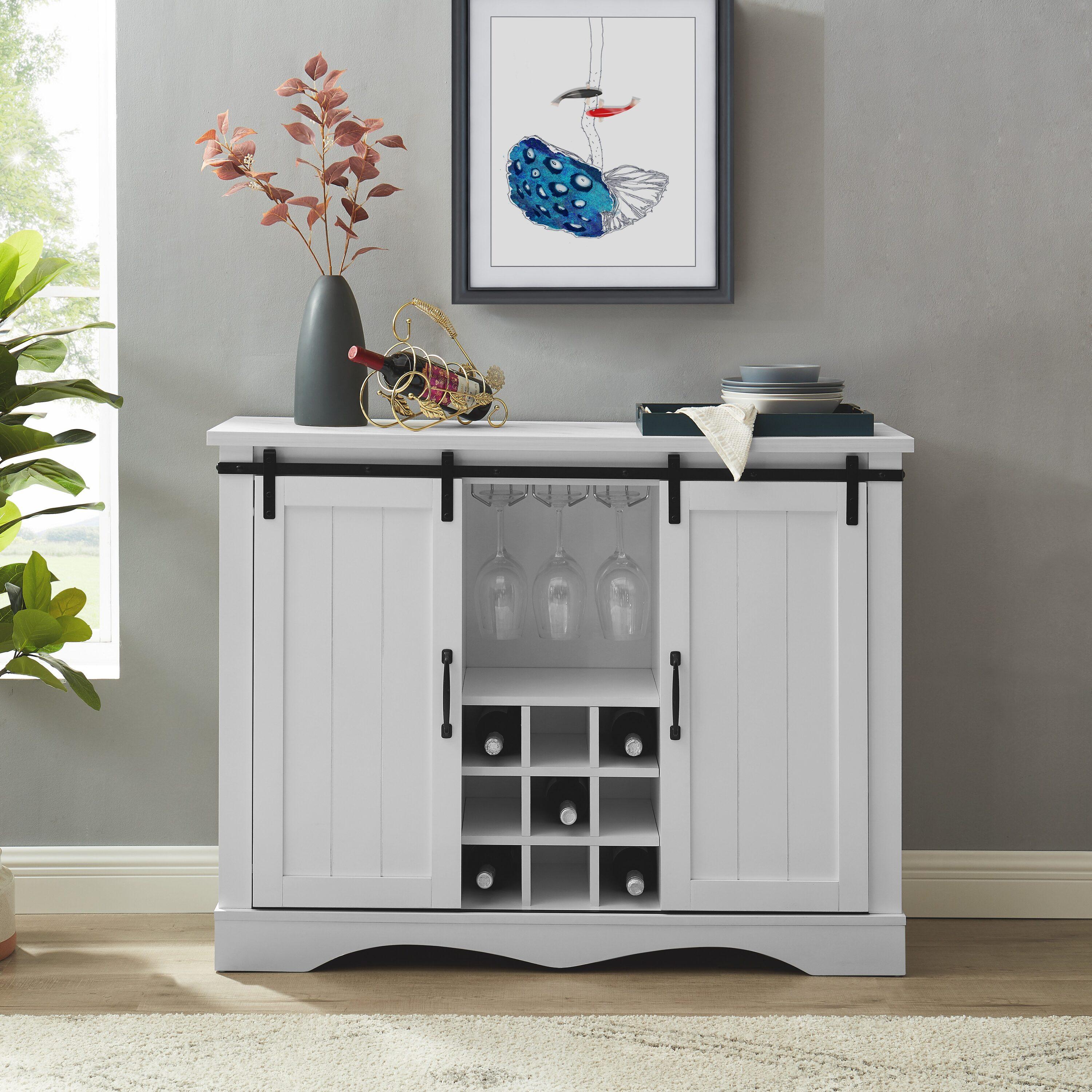 Home Essentials 47" Wine Bar Cabinet White: Farmhouse Style, Glassware Storage, MDF & Rubberwood