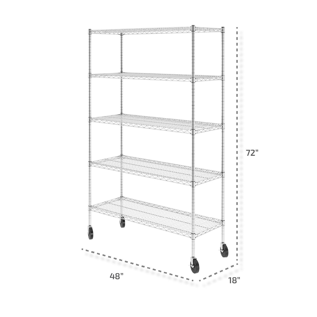SafeRacks NSF Certified 5-Tier Steel Wire Shelving with Adjustable Shelves and Wheels - 2500 lb Capacity - 48" x 18" x 72"