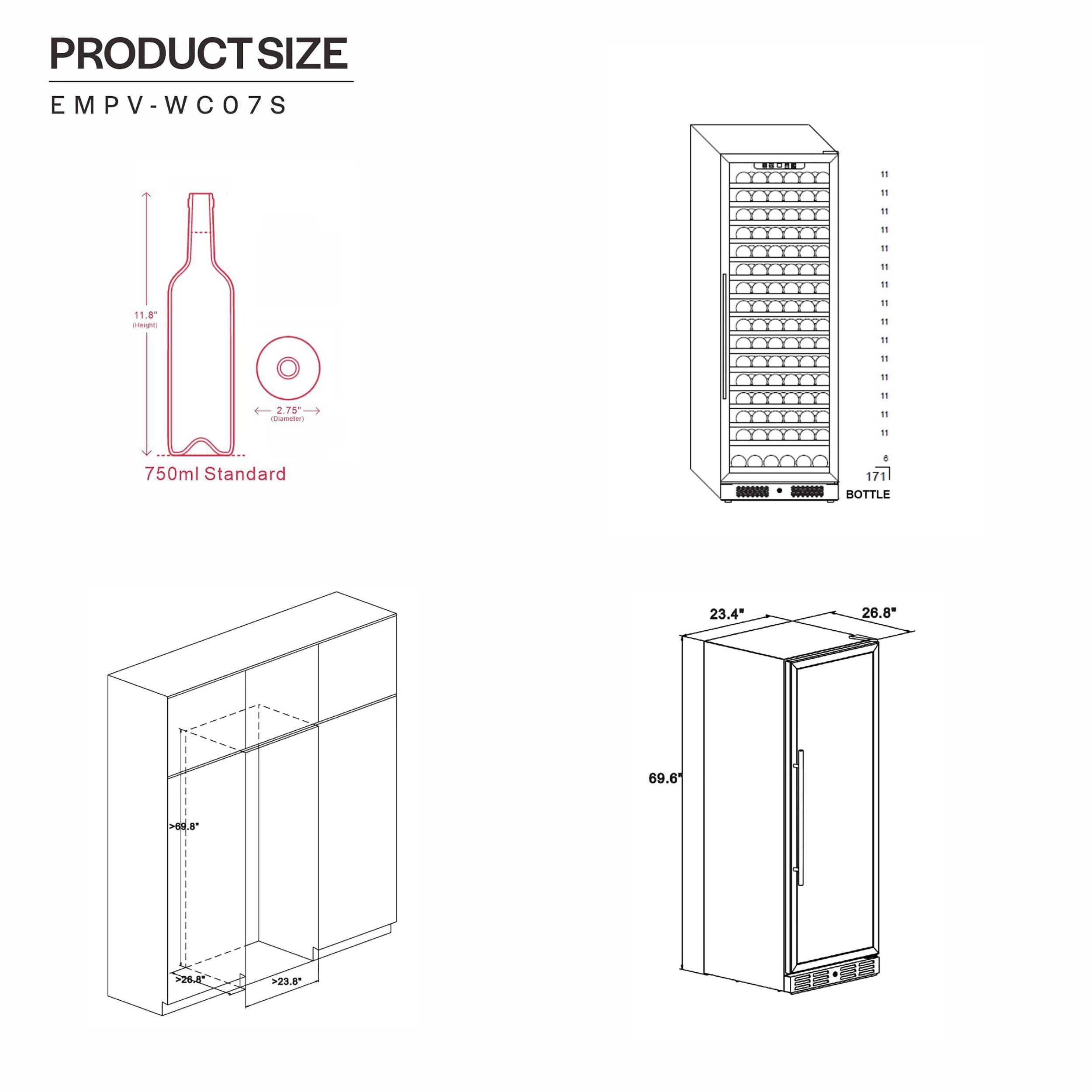 Empava Single Zone 23.4'' 171 Bottle Wine Refrigerator with Reversible Door