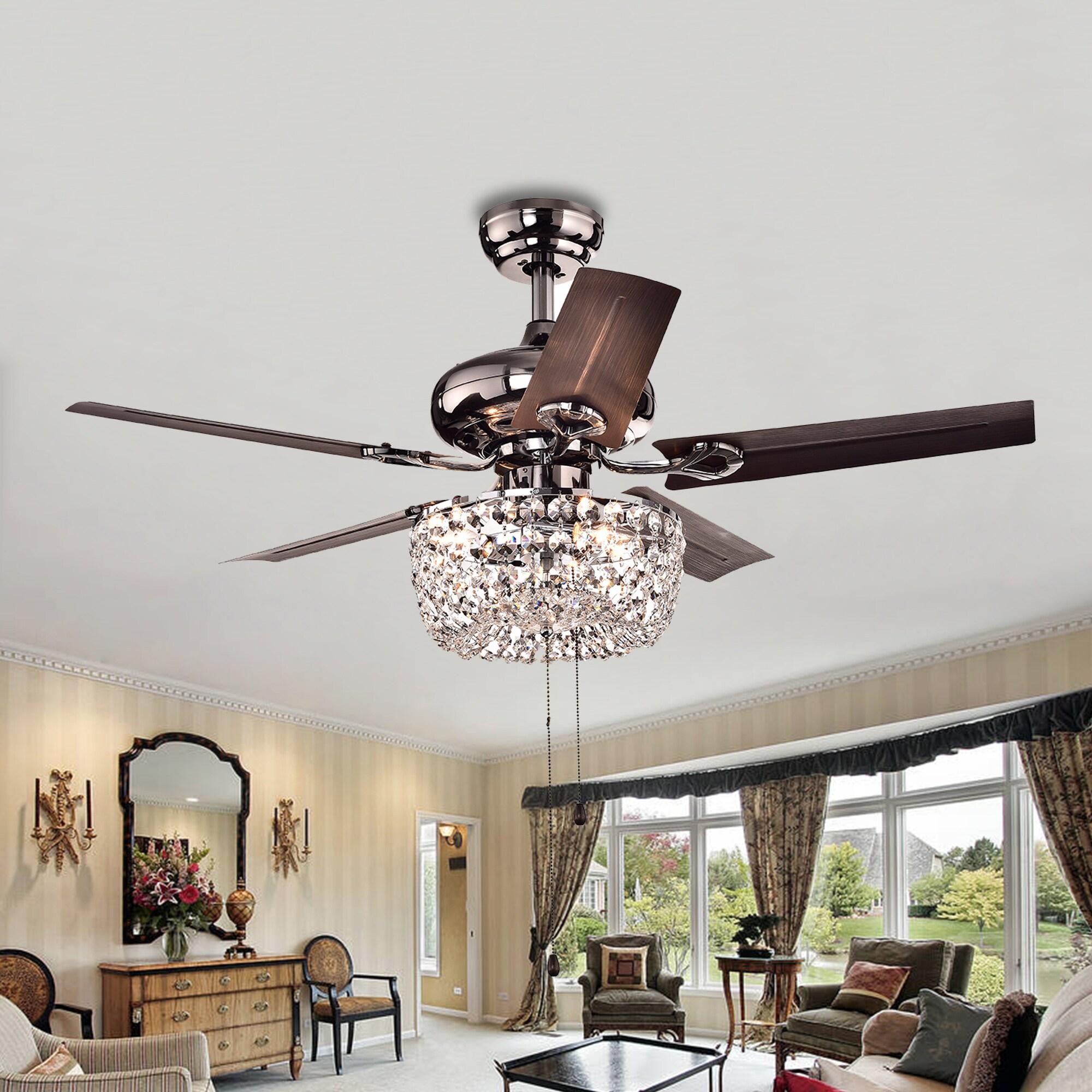 Warehouse Of Tiffany Angel 3-Light Crystal Chandelier 5-Blade Brown Ceiling Fan with Pull Chain