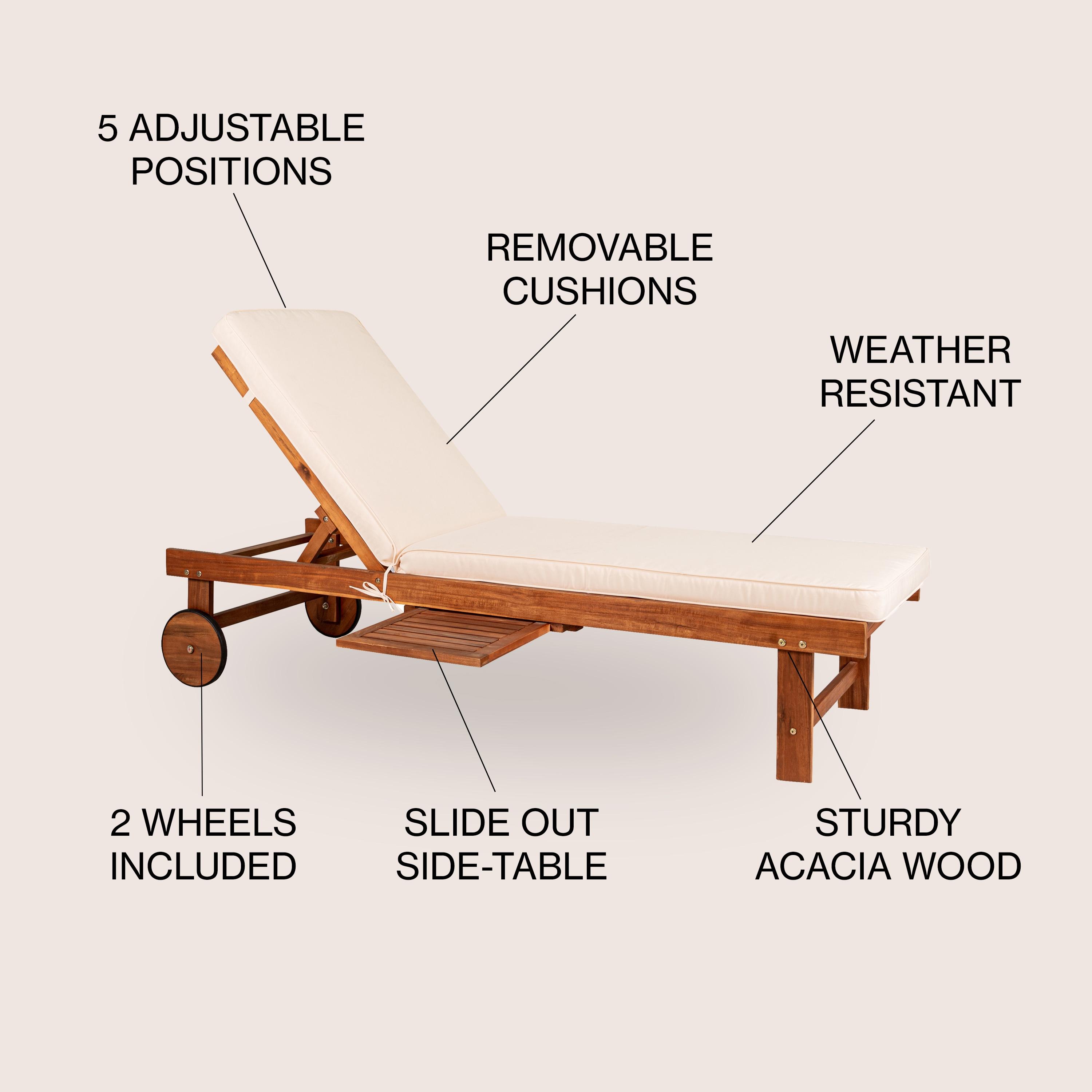 Seabrook 69 x 24 Inch Outdoor Acacia Wood Lounger with Cushion, 5-Position Back, Slide Table & Wheels, Light Brown -JONATHAN Y