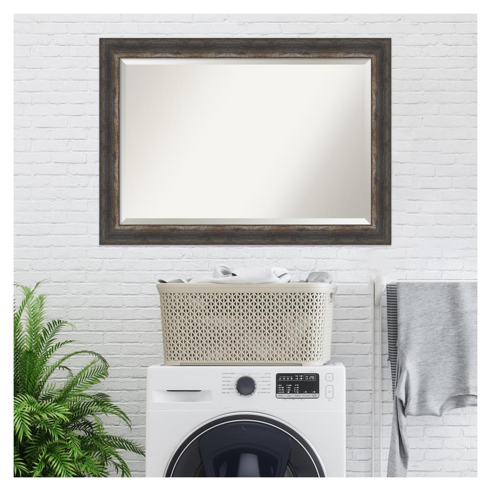 Amanti Art Beveled Bathroom Wall Mirror - Bark Rustic Char Frame Bark Rustic Char Outer Size: 41 x 29 in Silver, Brown, Black