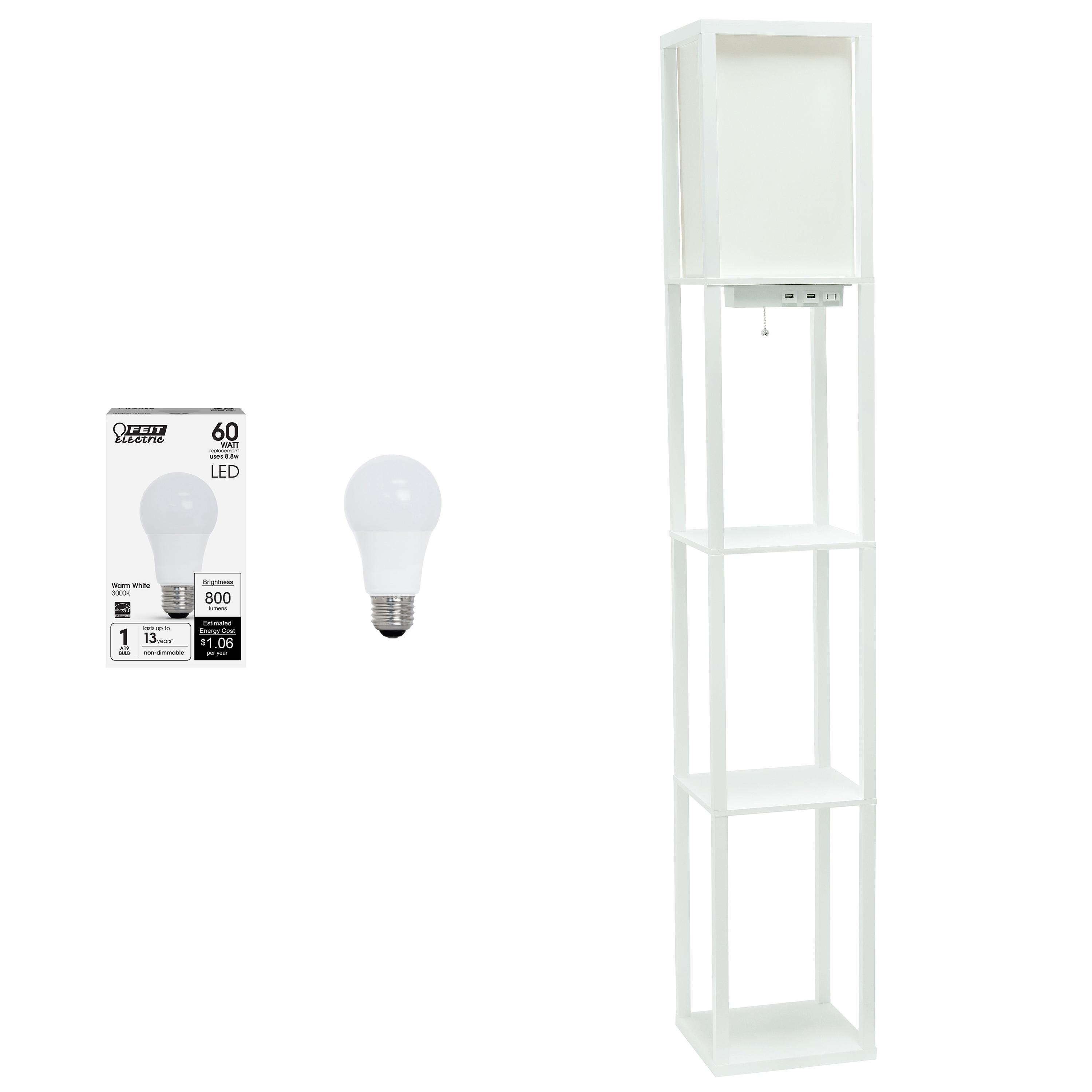 Creekwood Home Classix 62.5" 3-Tier Storage Floor Lamp with Charging Ports and Outlet White