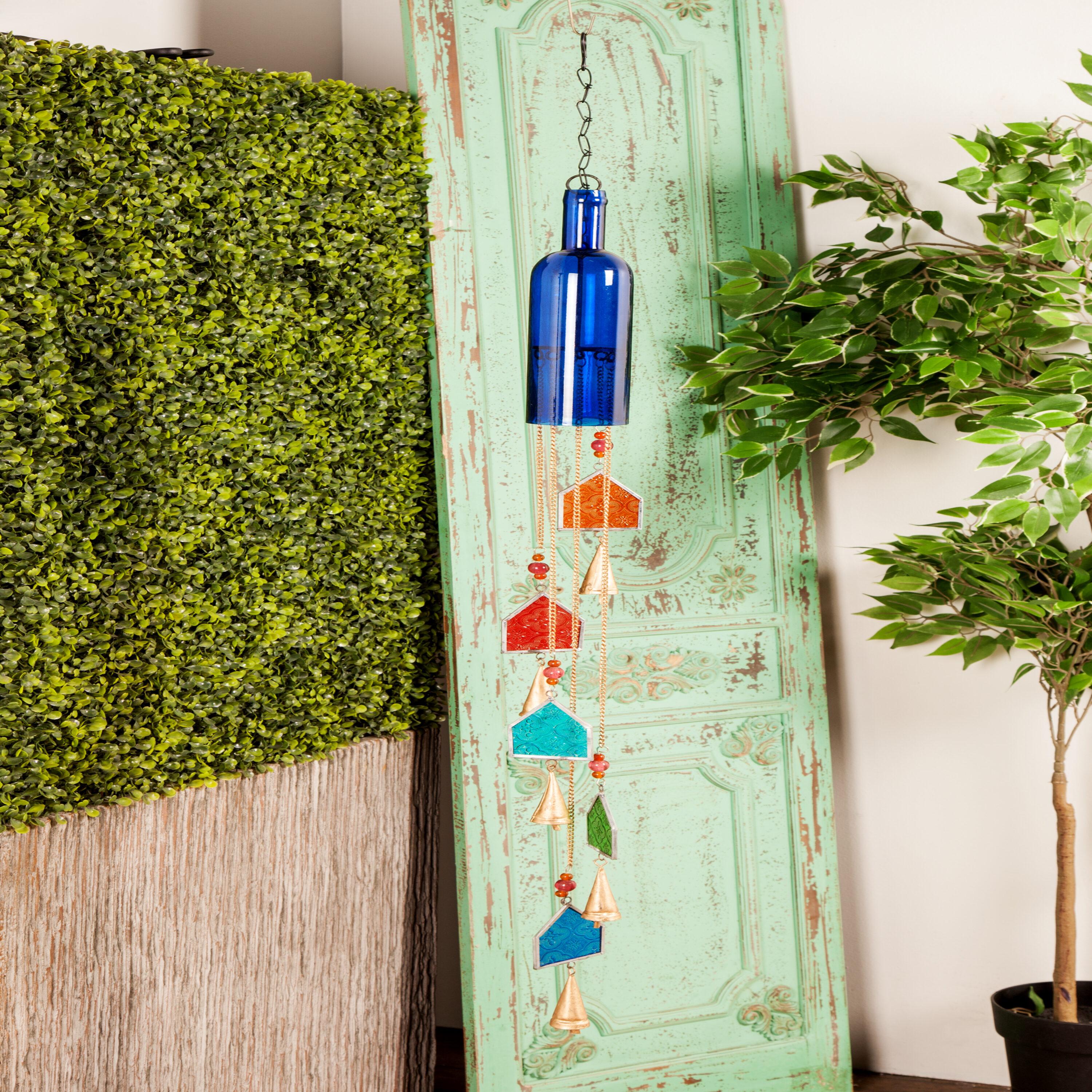 DecMode 41" Blue Glass Bottle Windchime with Beads and Cone Bells