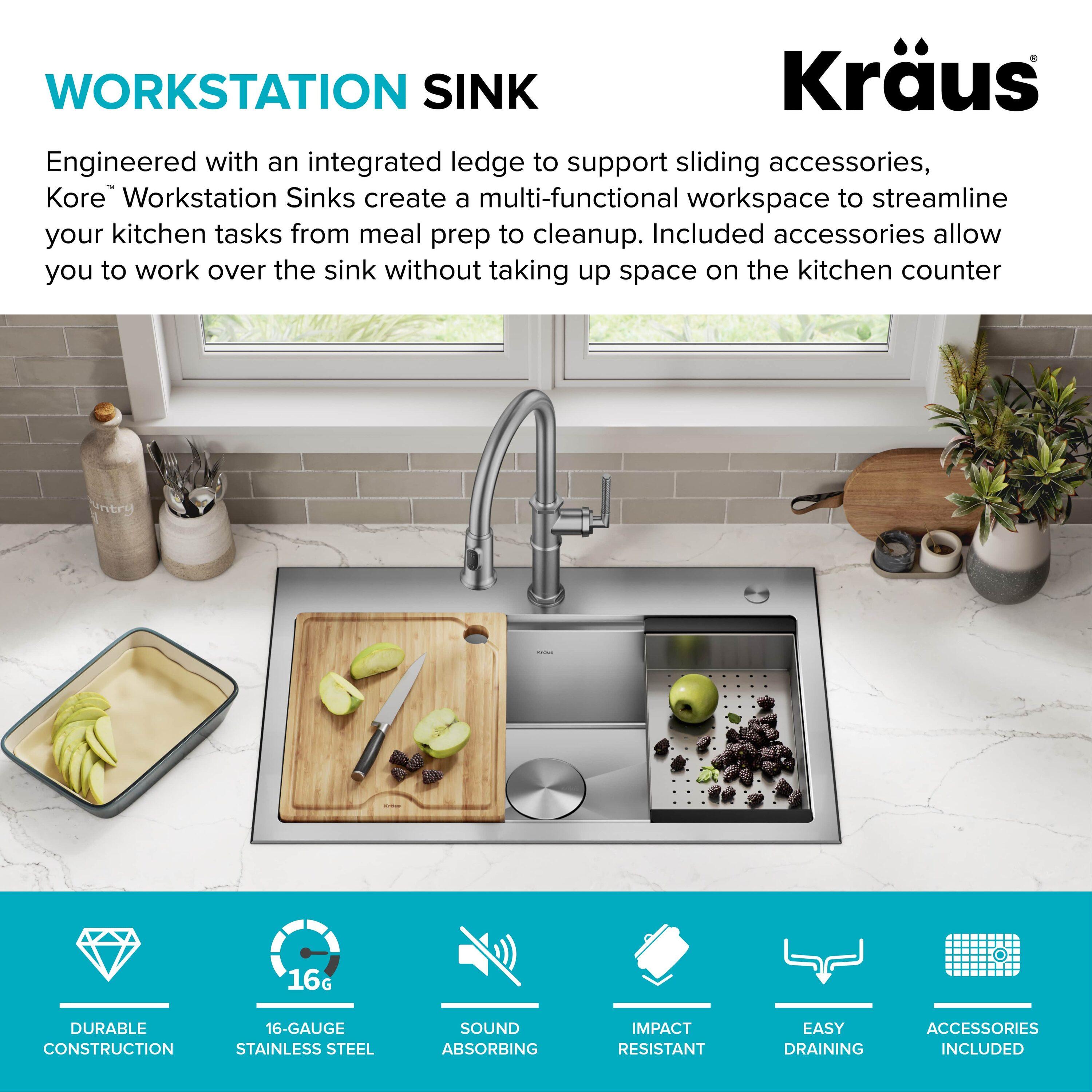 KRAUS Kore™ Workstation 32-inch L Drop-In Single Bowl Stainless Steel Kitchen Sink with Accessories (Pack of 5)