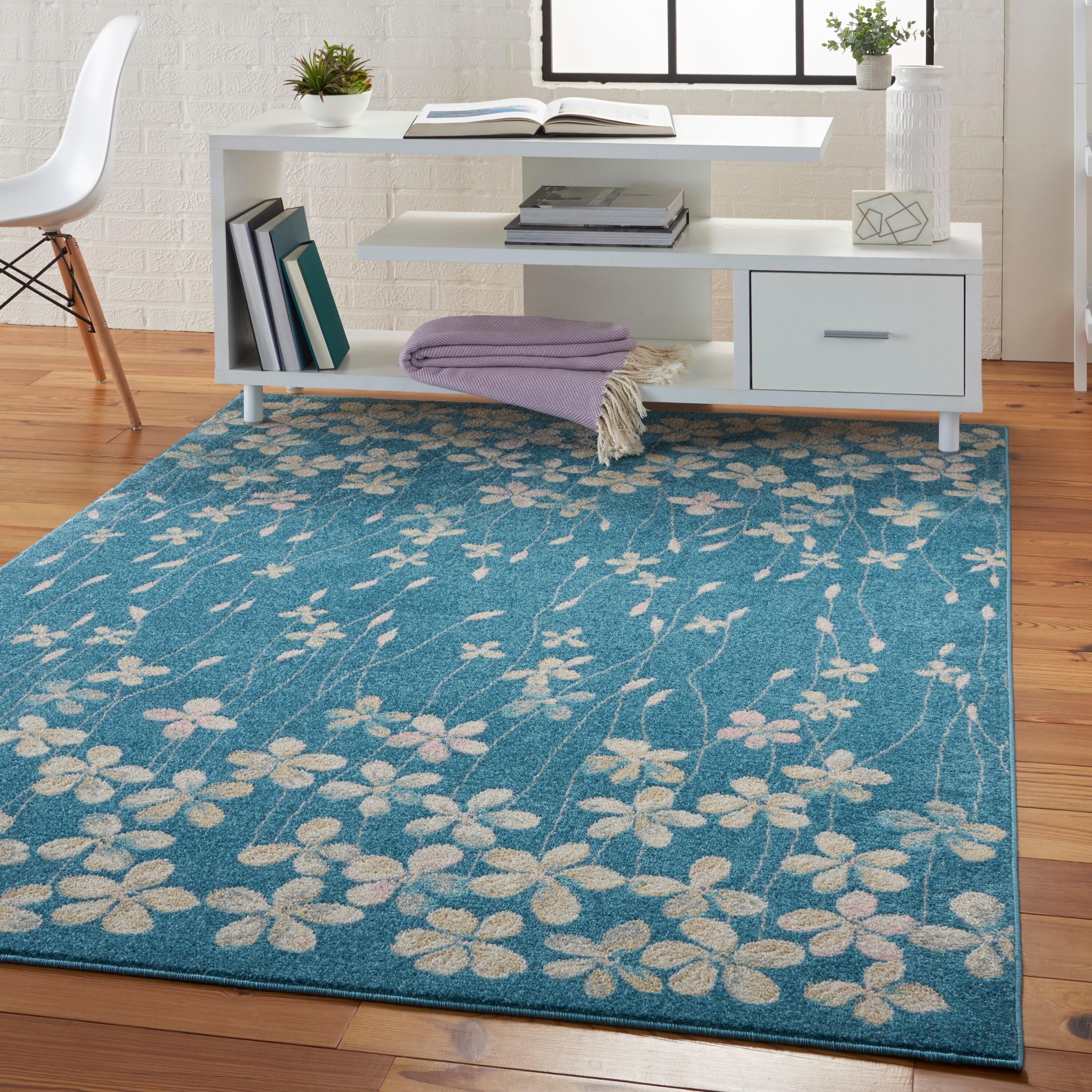 Nourison Tranquil 4' X 6' Turquoise Area Rug Bohemian Botanical Vine and Bloom by Nourison