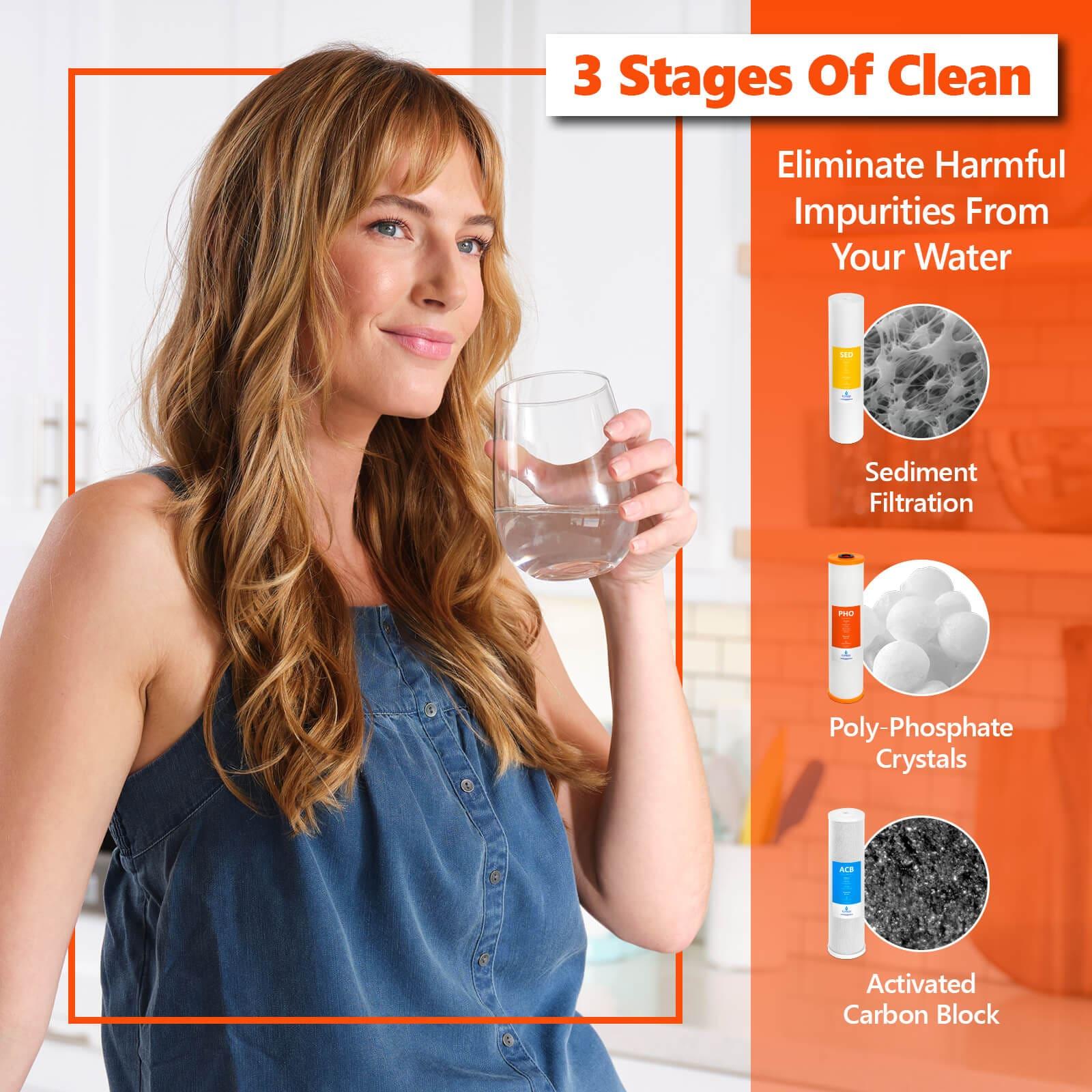 Express Water Whole House Water Filter, 3 Stage Water Filtration, Sediment, Polyphosphate Anti-Scale, Carbon Filters Includes Pressure Gauges, Easy Release, and 1 Inch Connections, 23.5" x 8.5" x 30"