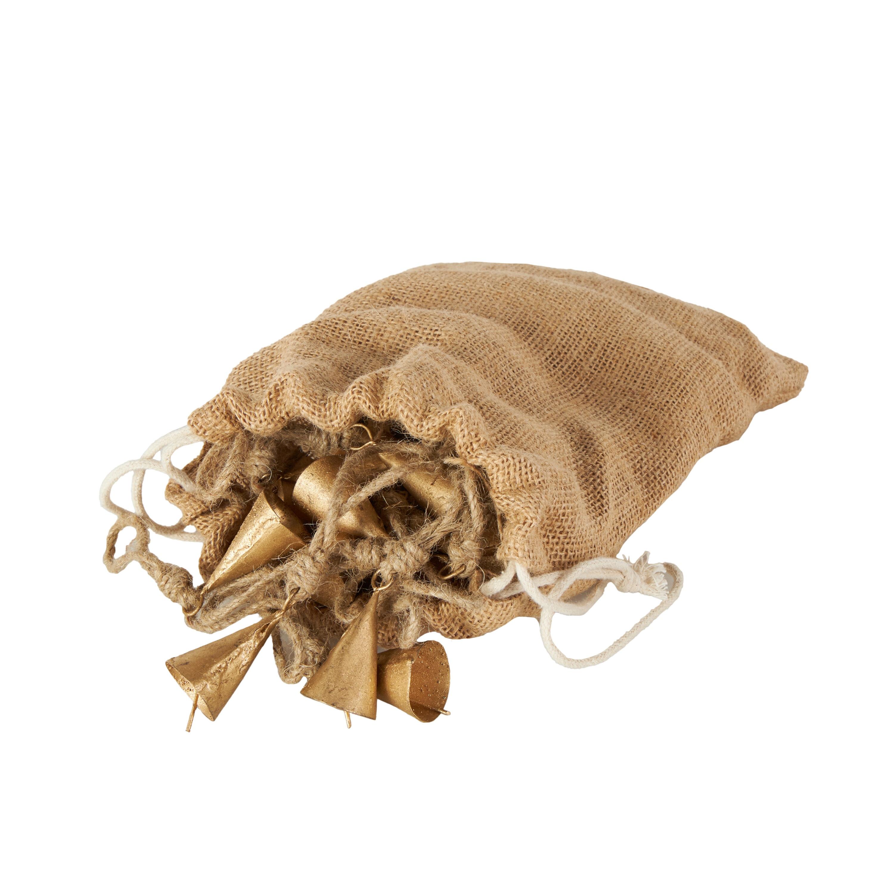 Rosalind Wheeler Metal Tibetan Inspired Indoor Outdoor Gold Decorative Bells With Brown Jute Rope And Canvas Drawstring Tote Set (Set of 36)