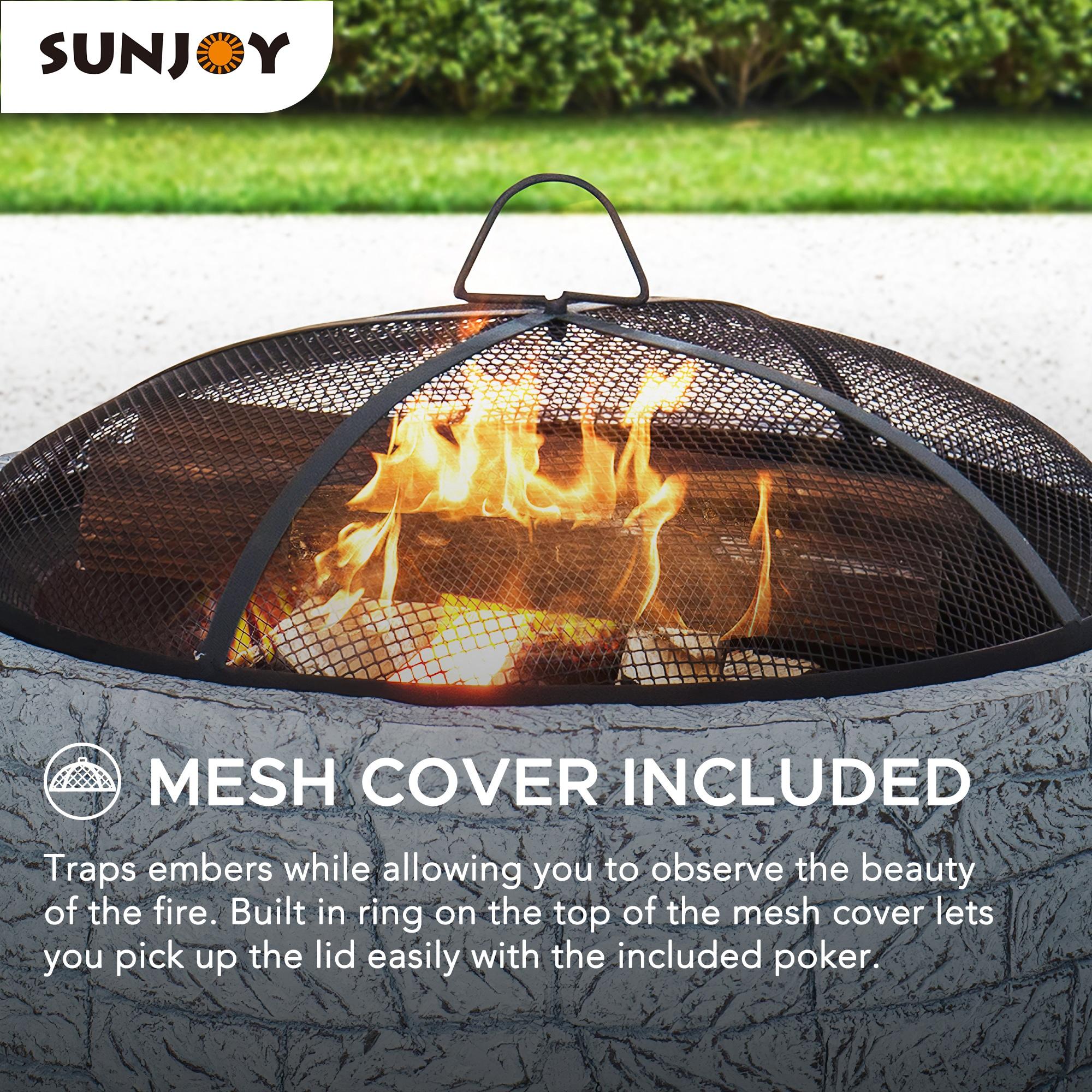Sunjoy Stone Fire Pit 26 Inch, Outdoor Round Wood Burning Fire Pits with Spark Screen and Poker  Grey