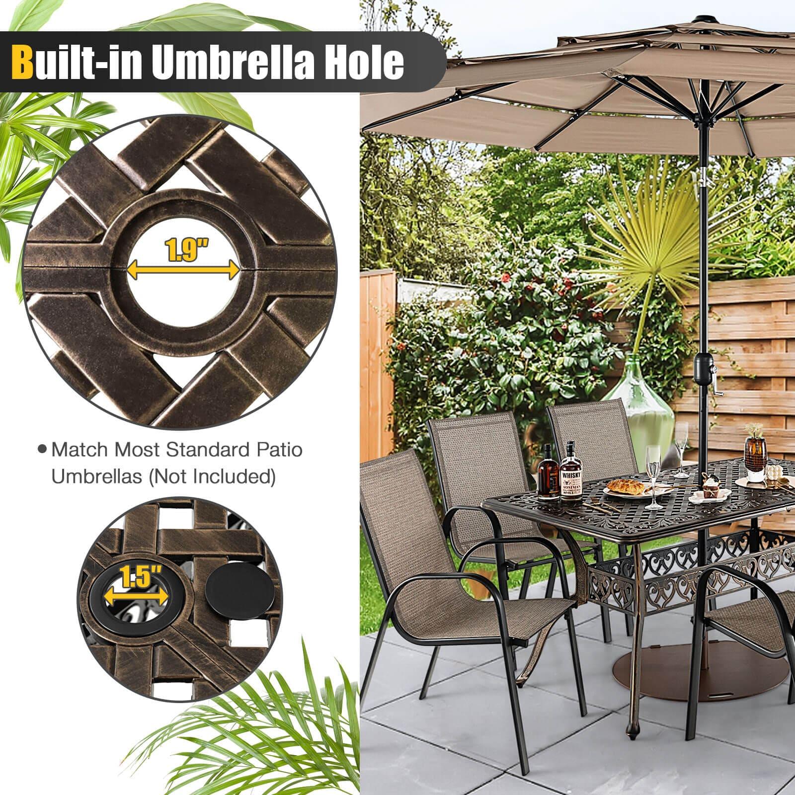 Outvita 59inch Patio Dinning Table, Outdoor Cast Aluminum Large Rectangle Table with Umbrella Hole and Antique Design for Backyard Pool Balcony Deck