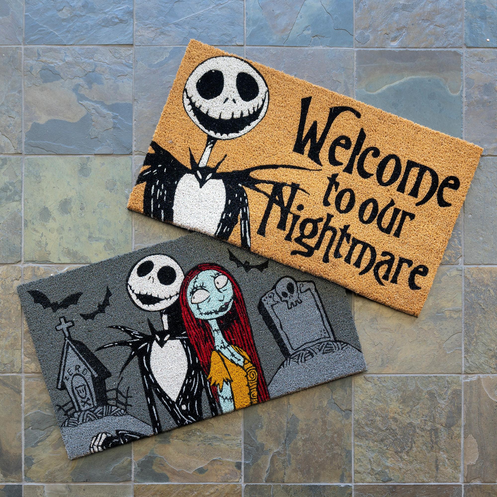 Disney Nightmare Before Christmas Jack Sally Welcome Black White Natural Graphic Non-Slip Indoor/ Outdoor Coir Door Mat 2-Pack, 20x34 (Set of 2)