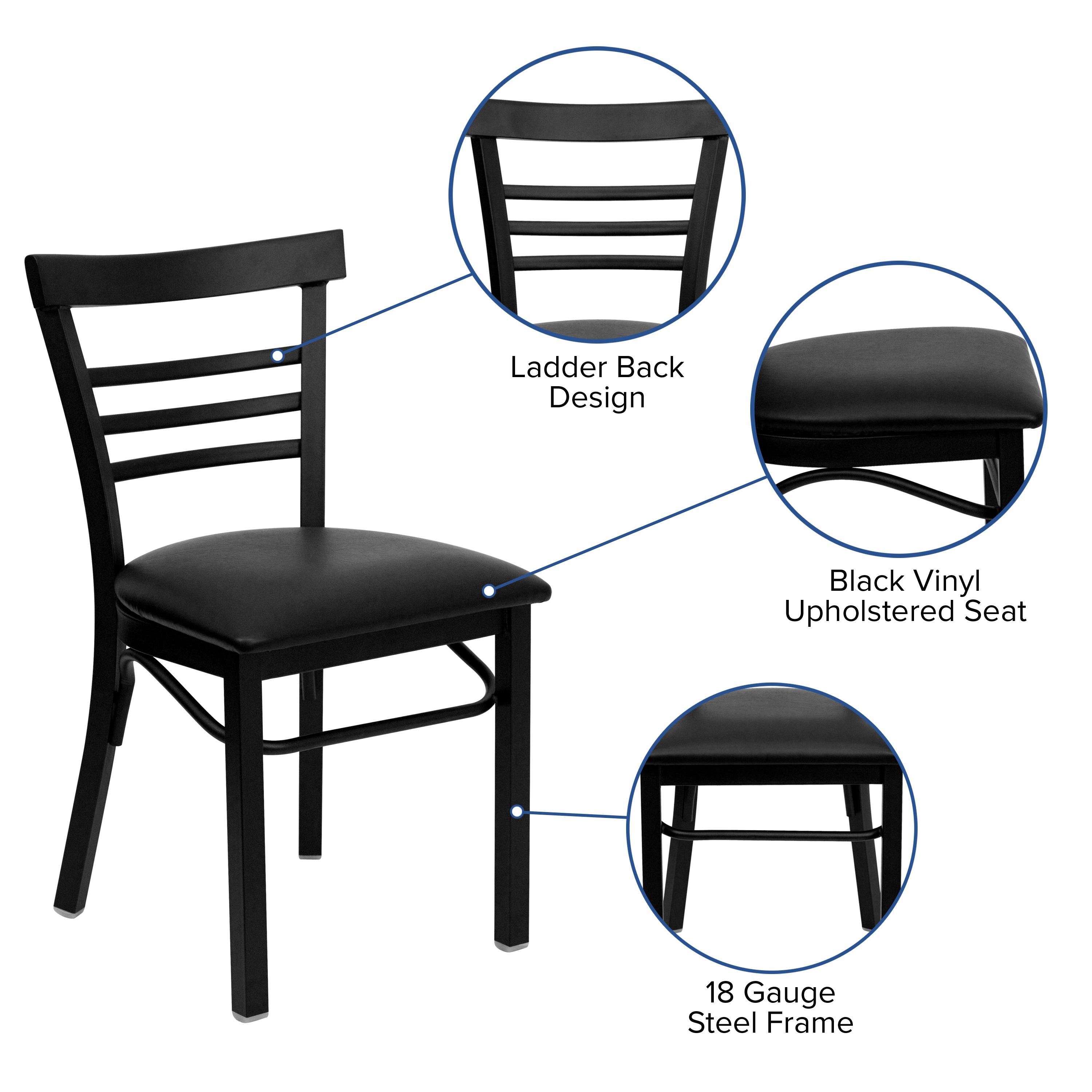 Flash Furniture HERCULES Series Black Three-Slat Ladder Back Metal Restaurant Chair - Black Vinyl Seat