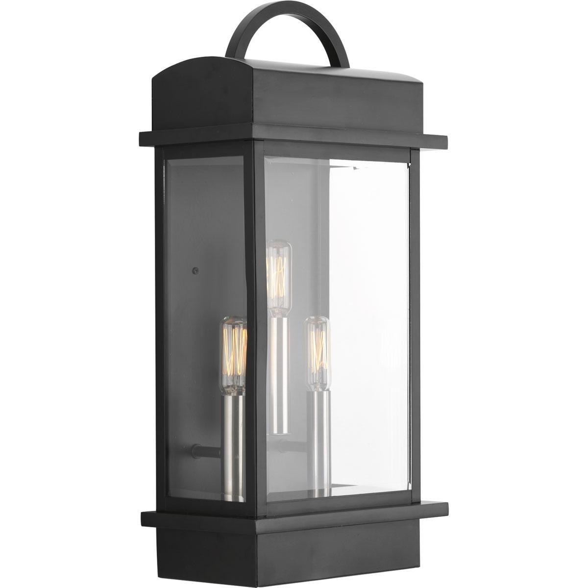 Progress Lighting Santee 3-Light Outdoor Wall Lantern in Black Steel with Beveled Glass Shade