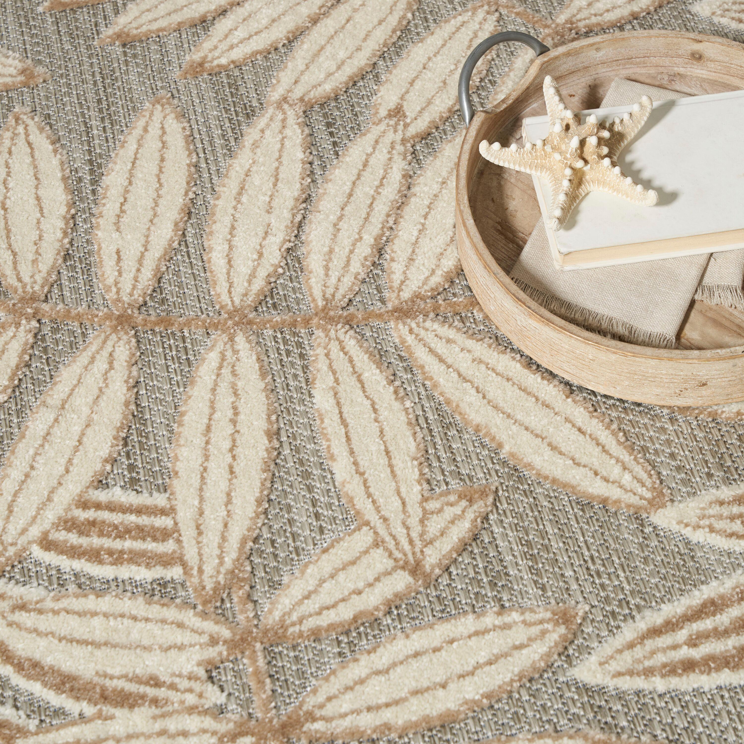 Nourison Aloha Floral Leaf Flatweave High-Low Indoor Outdoor Round Rug Natural 5'3" x 5'3"