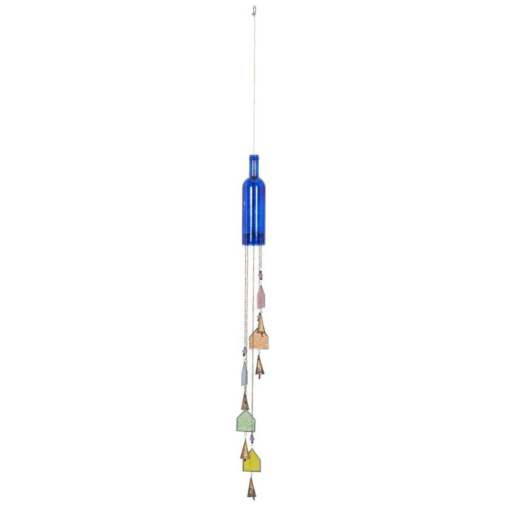 DecMode 41" Blue Glass Bottle Windchime with Beads and Cone Bells
