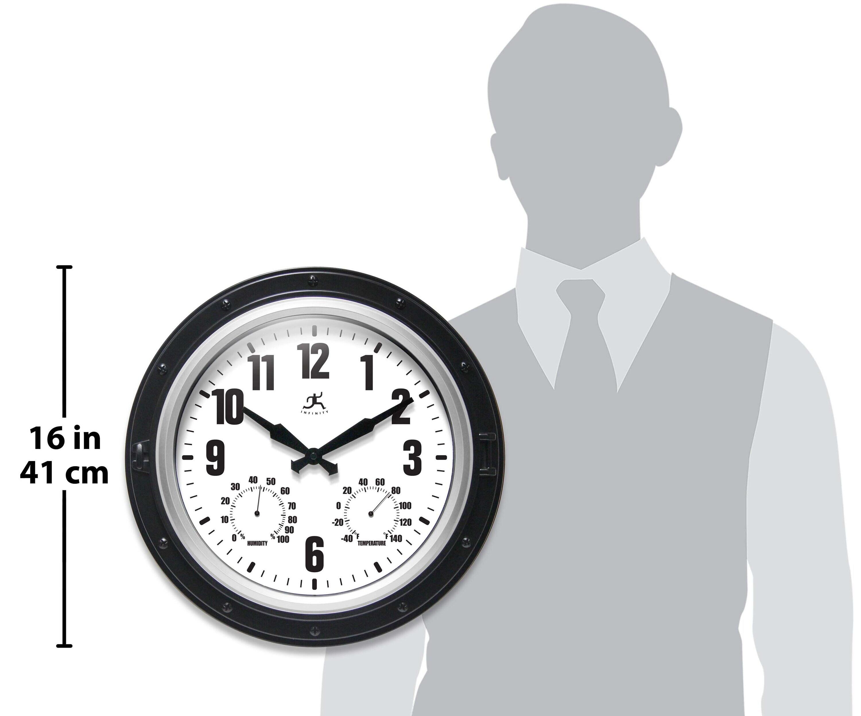 16" Forecaster Wall Clock Silver - Infinity Instruments: Modern Analog, Outdoor Use, Thermometer Feature