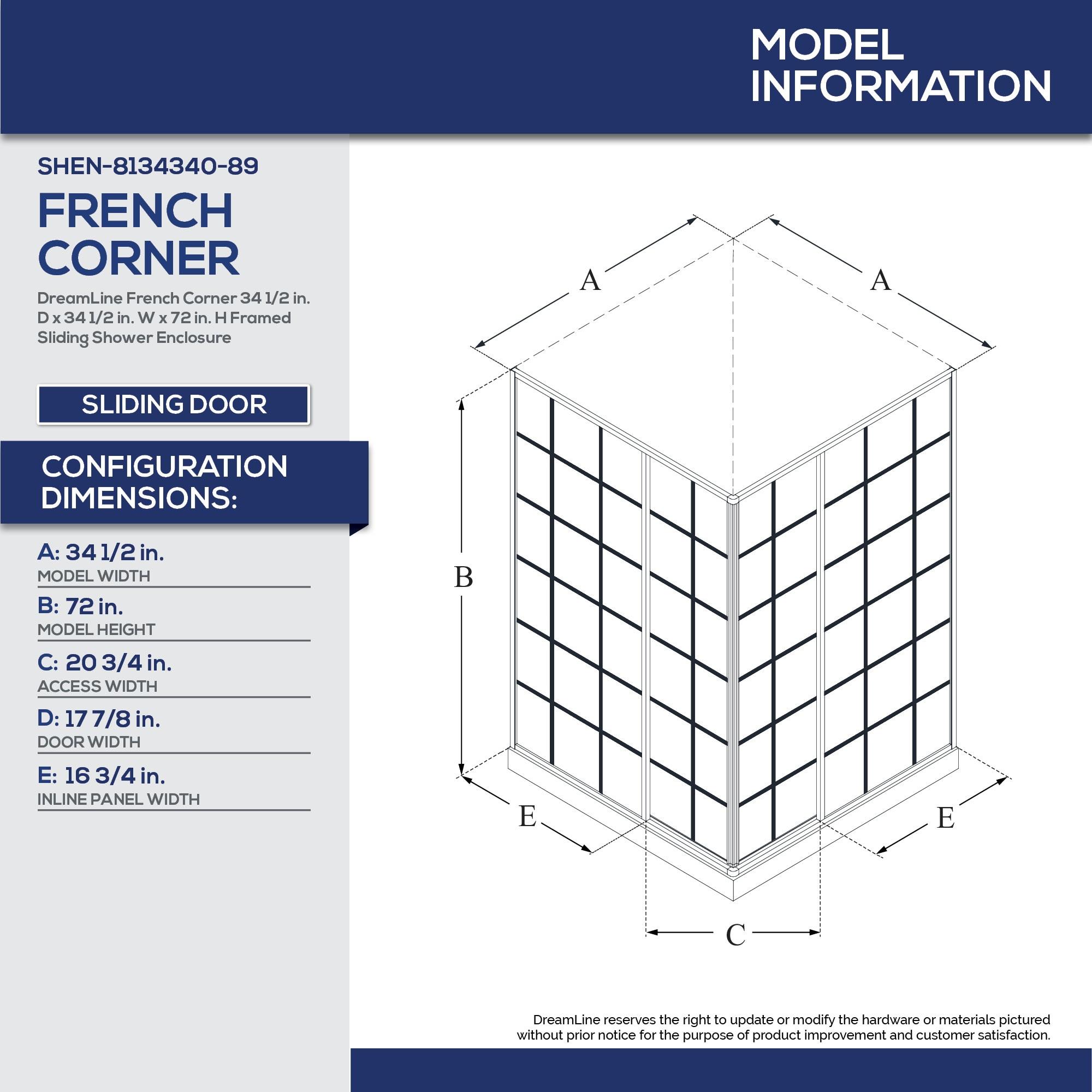 French Corner 34.5" W x 34.5" D x 72'' H Framed Square Shower Enclosure